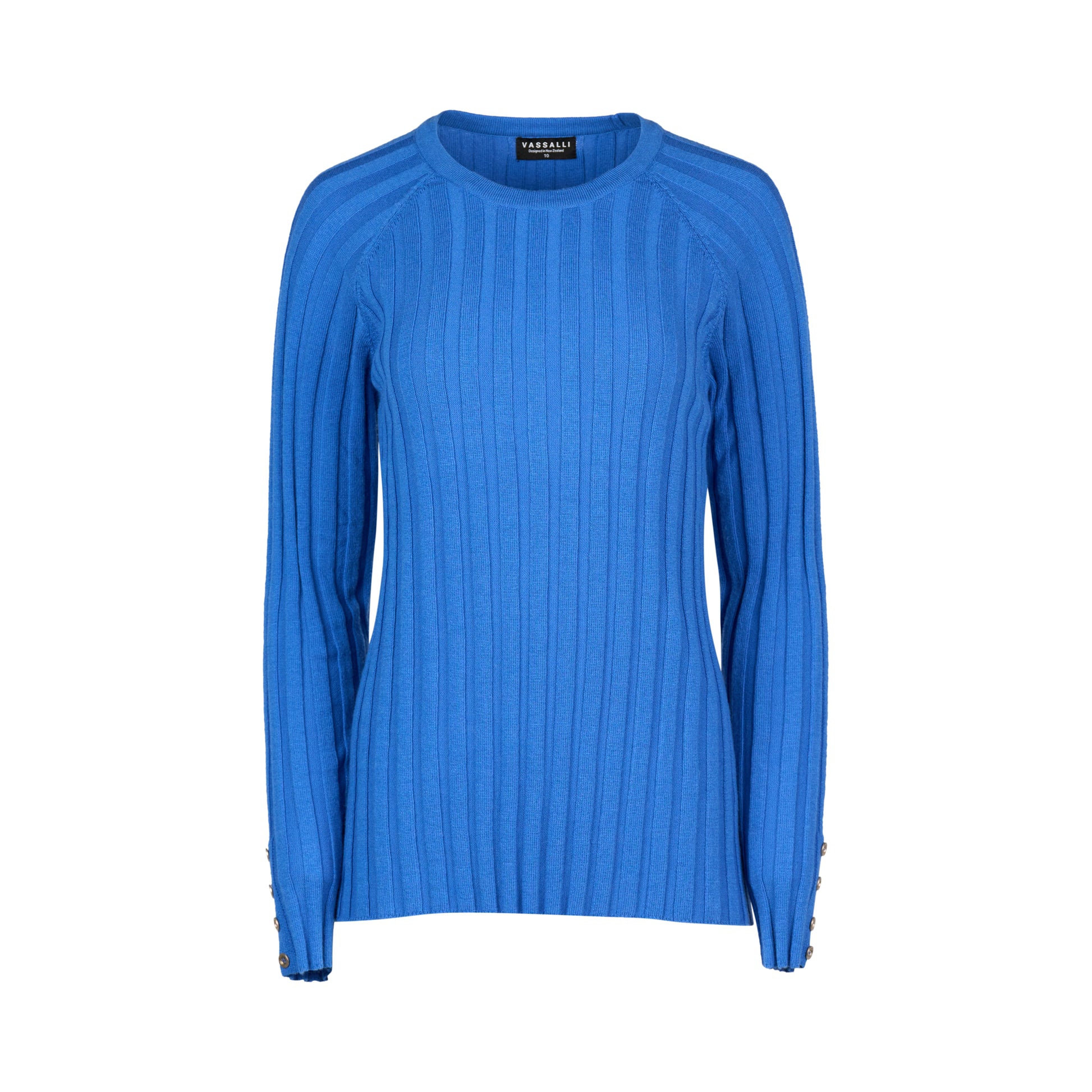 1071 Electric Blue - Round Neck Ribbed Knit Jumper with Dome Cuff Detail - Vassalli