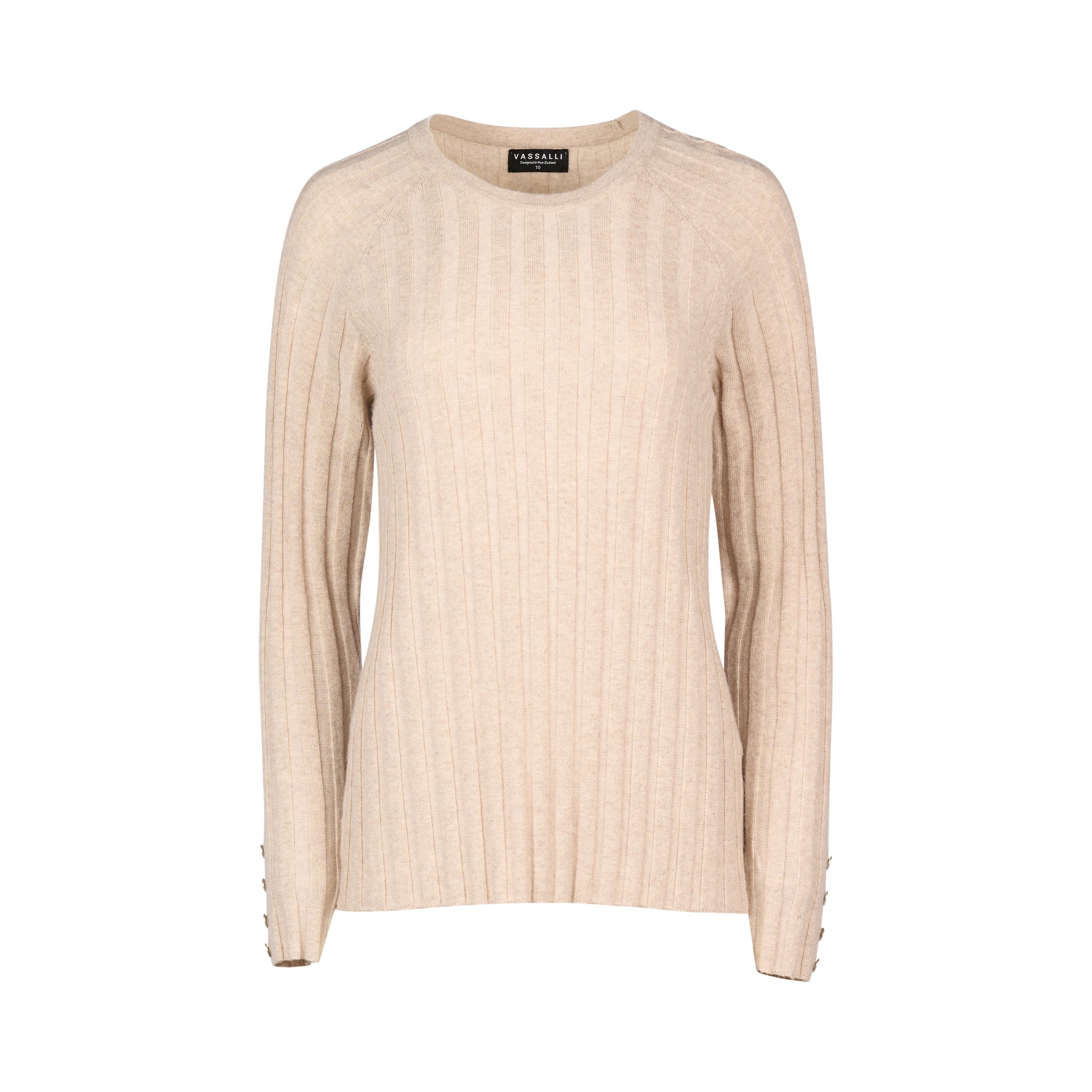 1071 Oatmeal - Round Neck Ribbed Knit Jumper with Dome Cuff Detail - Vassalli