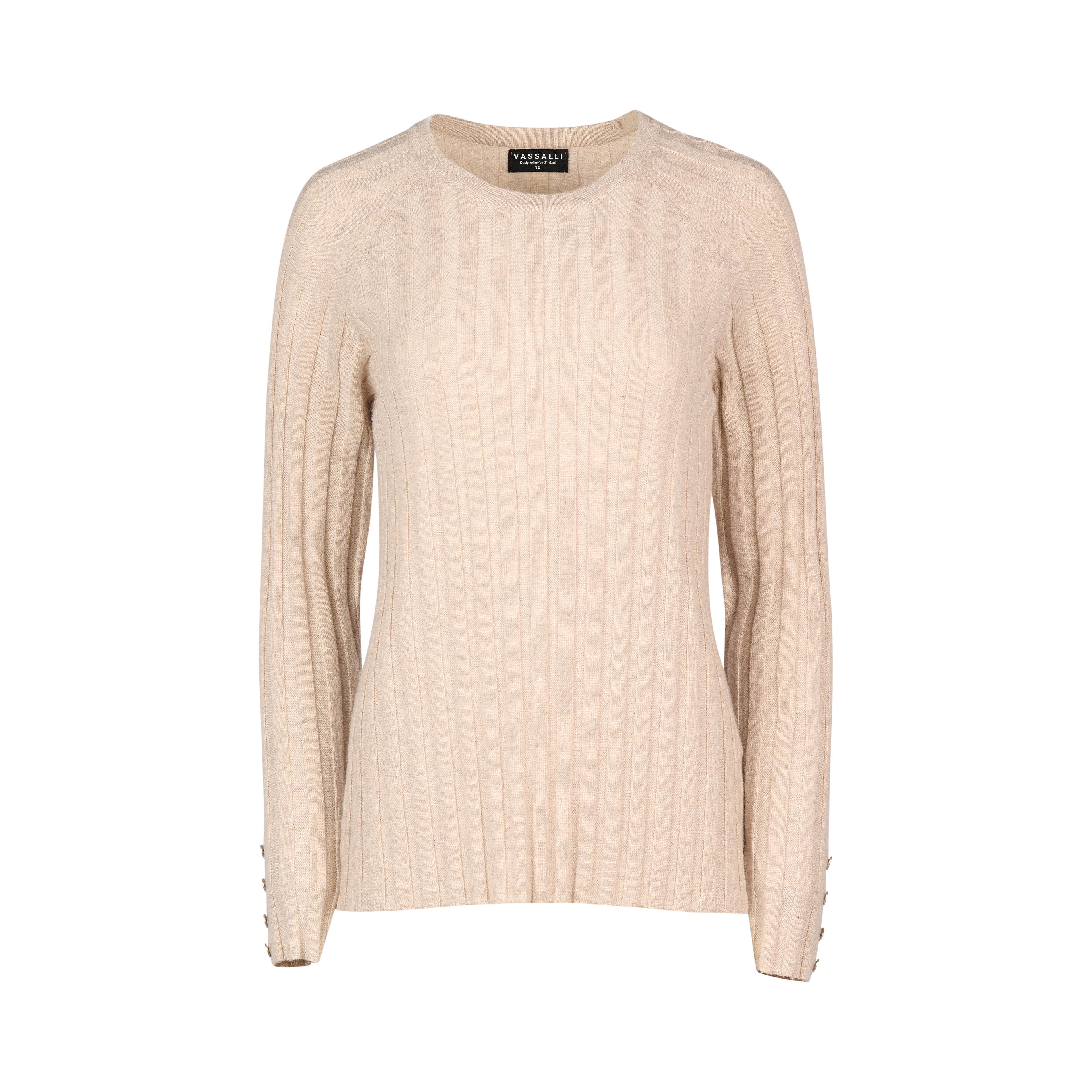 1071 Oatmeal - Round Neck Ribbed Knit Jumper with Dome Cuff Detail - Vassalli