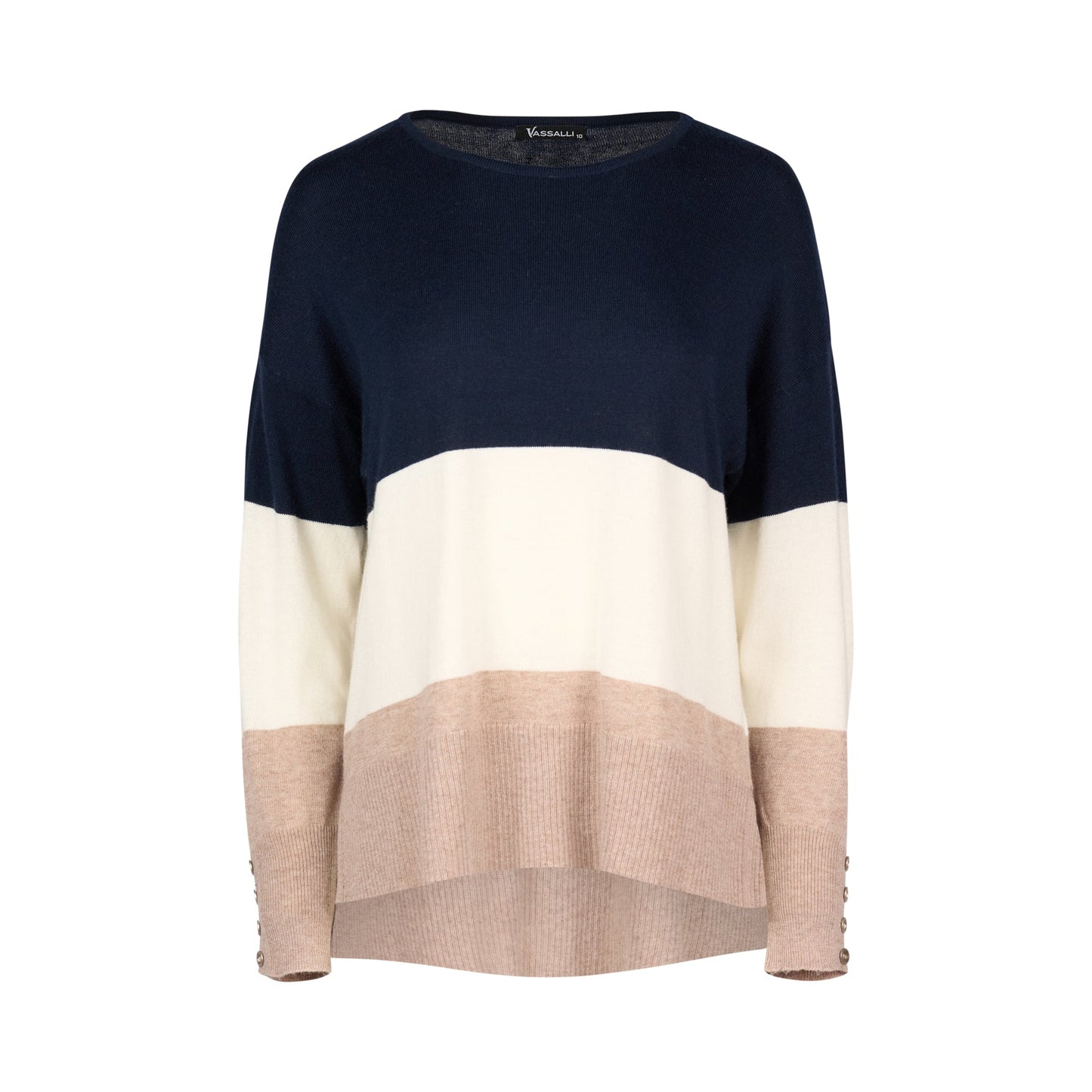 1073 Ink/Cream/Twig - Round Neck Tri Stripe Dropped Shoulder Knit Jumper - Vassalli