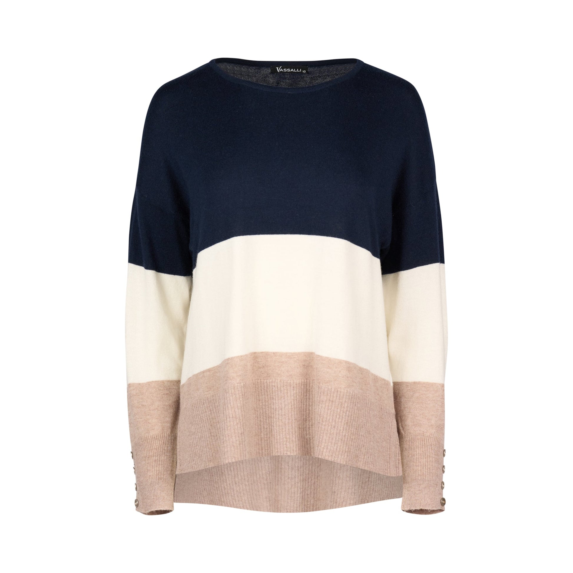 1073 Ink/Cream/Twig - Round Neck Tri Stripe Dropped Shoulder Knit Jumper - Vassalli