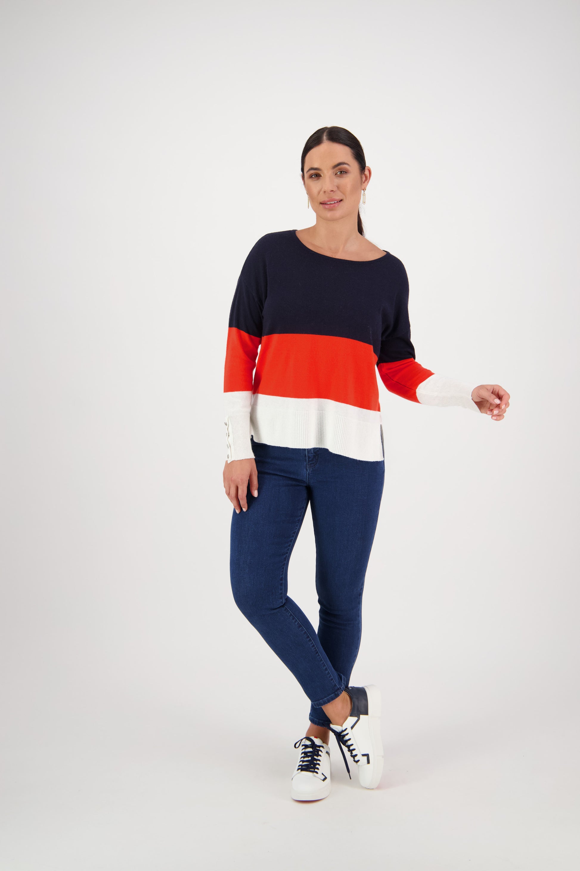 1073 Ink/Sunset/Cream - Round Neck Tri Stripe Jumper with Button Cuff Detail - Vassalli