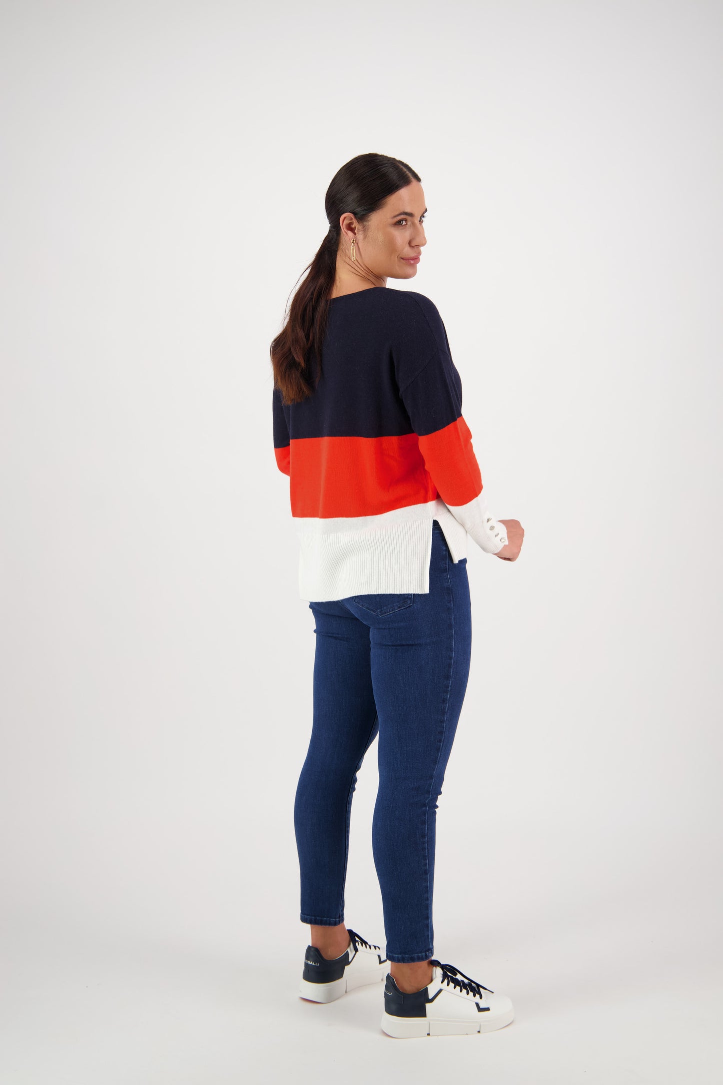 1073 Ink/Sunset/Cream - Round Neck Tri Stripe Jumper with Button Cuff Detail - Vassalli