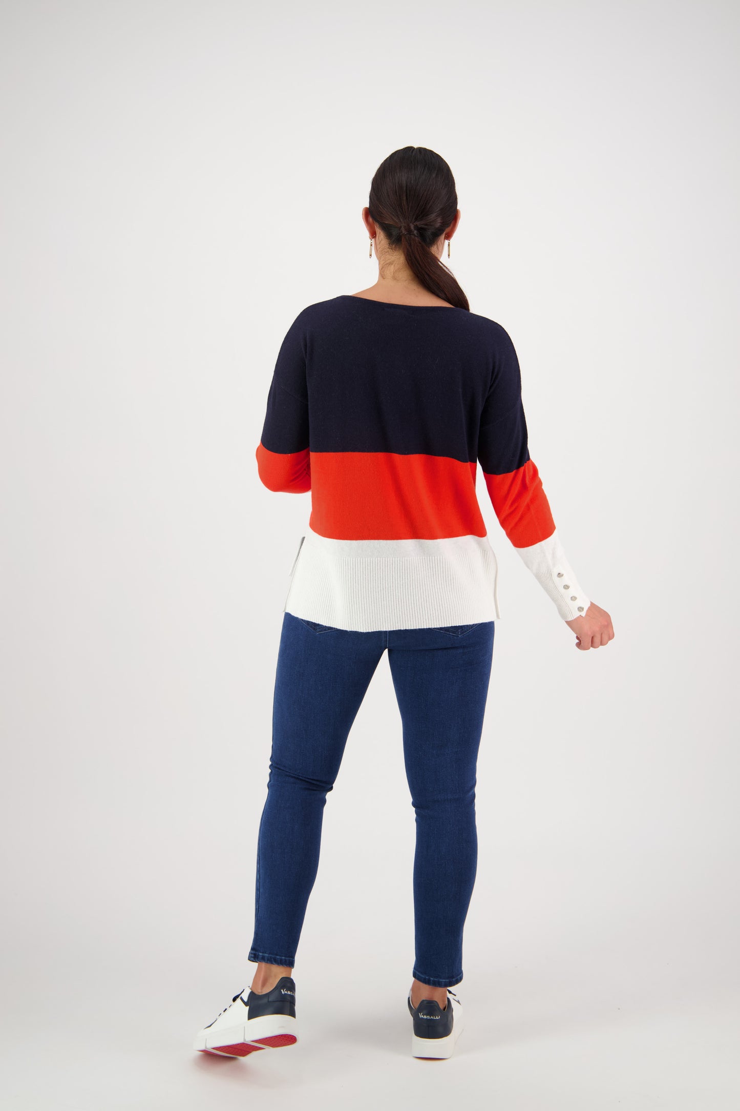 1073 Ink/Sunset/Cream - Round Neck Tri Stripe Jumper with Button Cuff Detail - Vassalli