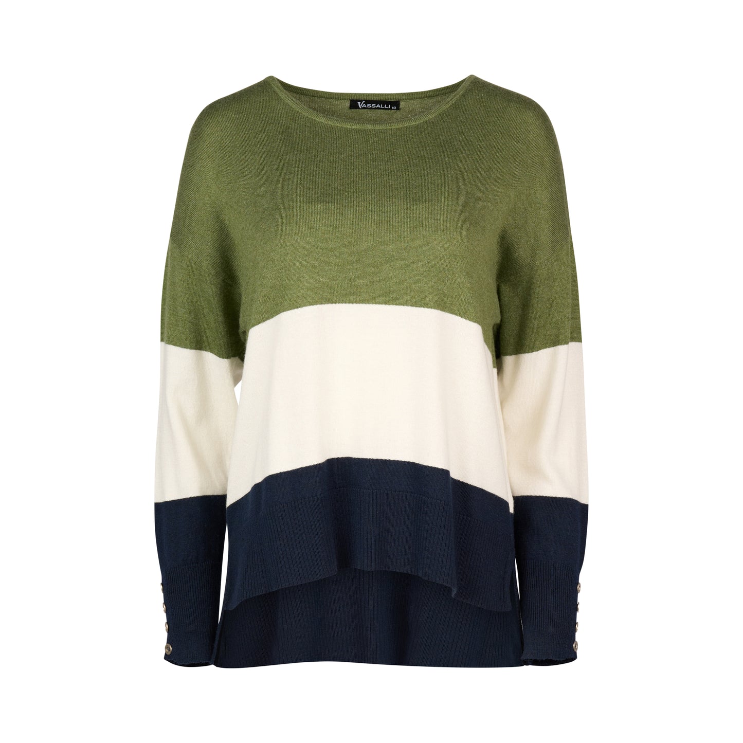 1073 Sage/Cream/Ink - Round Neck Tri Stripe Dropped Shoulder Knit Jumper - Vassalli