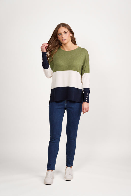 1073 Sage/Cream/Ink - Round Neck Tri Stripe Dropped Shoulder Knit Jumper - Vassalli