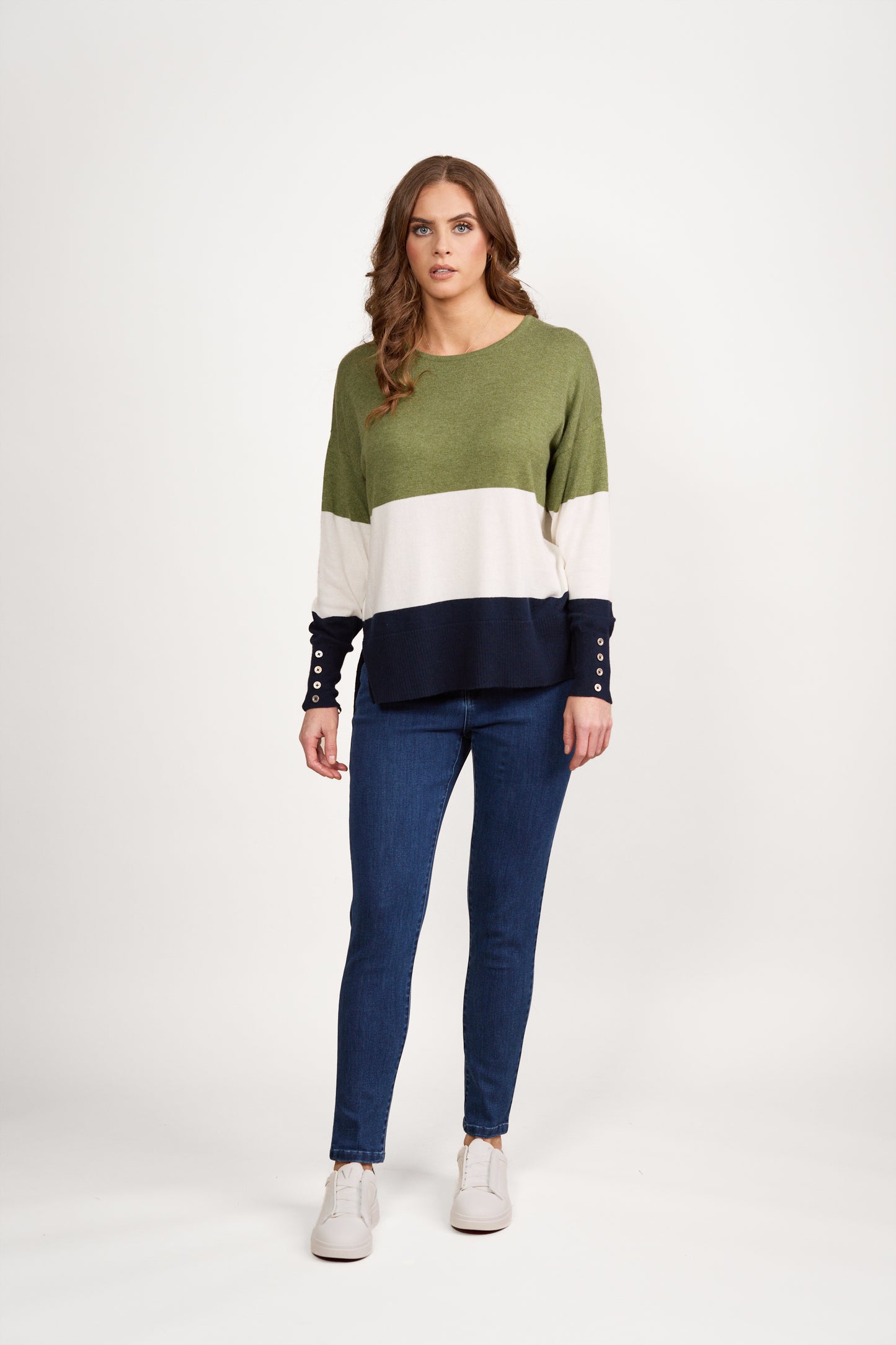 1073 Sage/Cream/Ink - Round Neck Tri Stripe Dropped Shoulder Knit Jumper - Vassalli