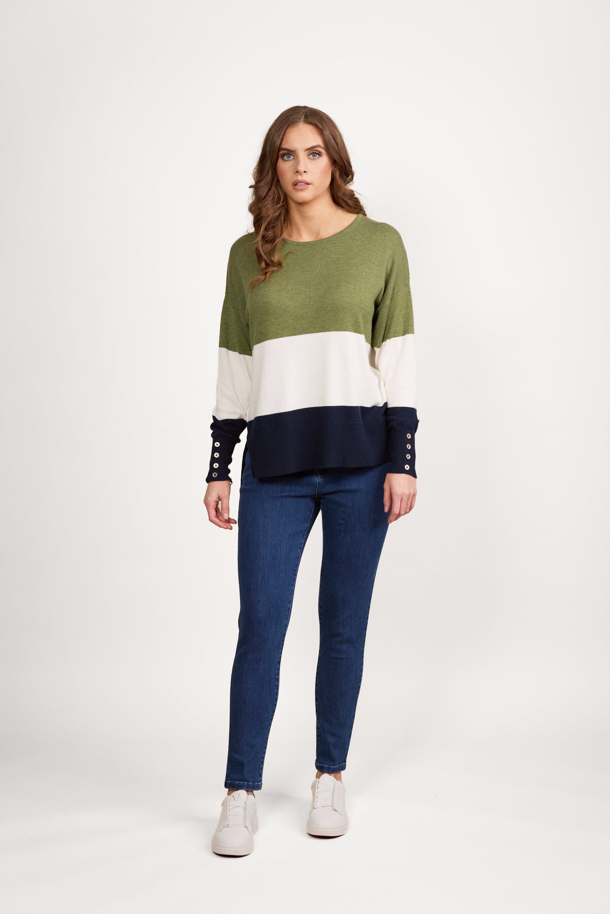 1073 Sage/Cream/Ink - Round Neck Tri Stripe Dropped Shoulder Knit Jumper - Vassalli