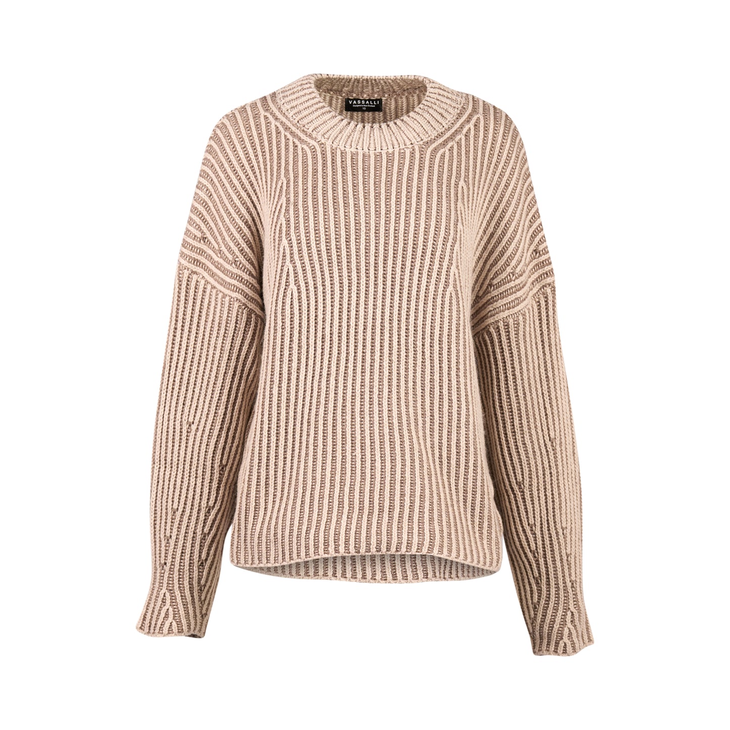 1077 Oatmeal/Brown - High Neck Two Tone Sweater with Shaped Sleeve - Vassalli