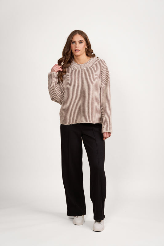 1077 Oatmeal/Brown - High Neck Two Tone Sweater with Shaped Sleeve - Vassalli