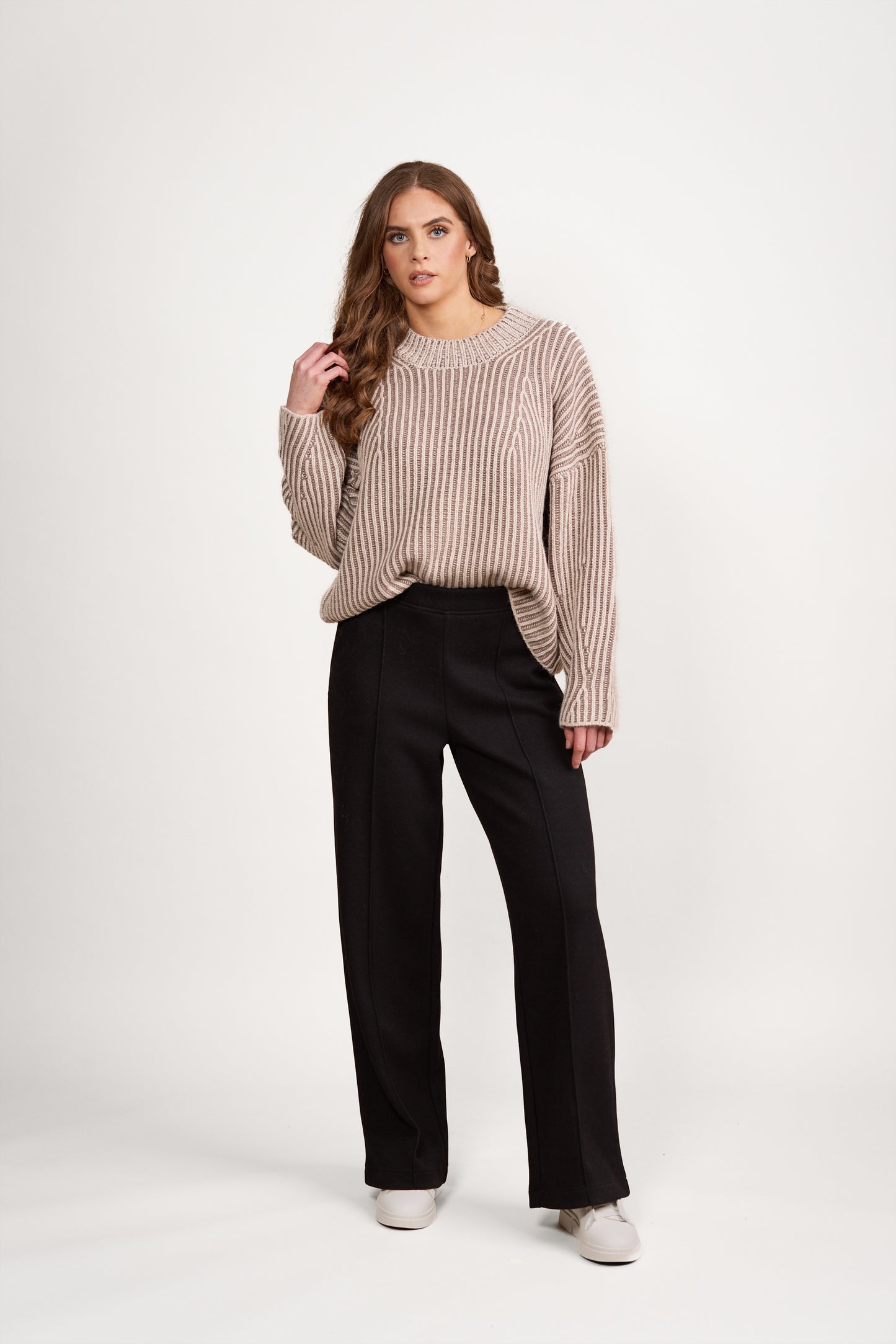 1077 Oatmeal/Brown - High Neck Two Tone Sweater with Shaped Sleeve - Vassalli