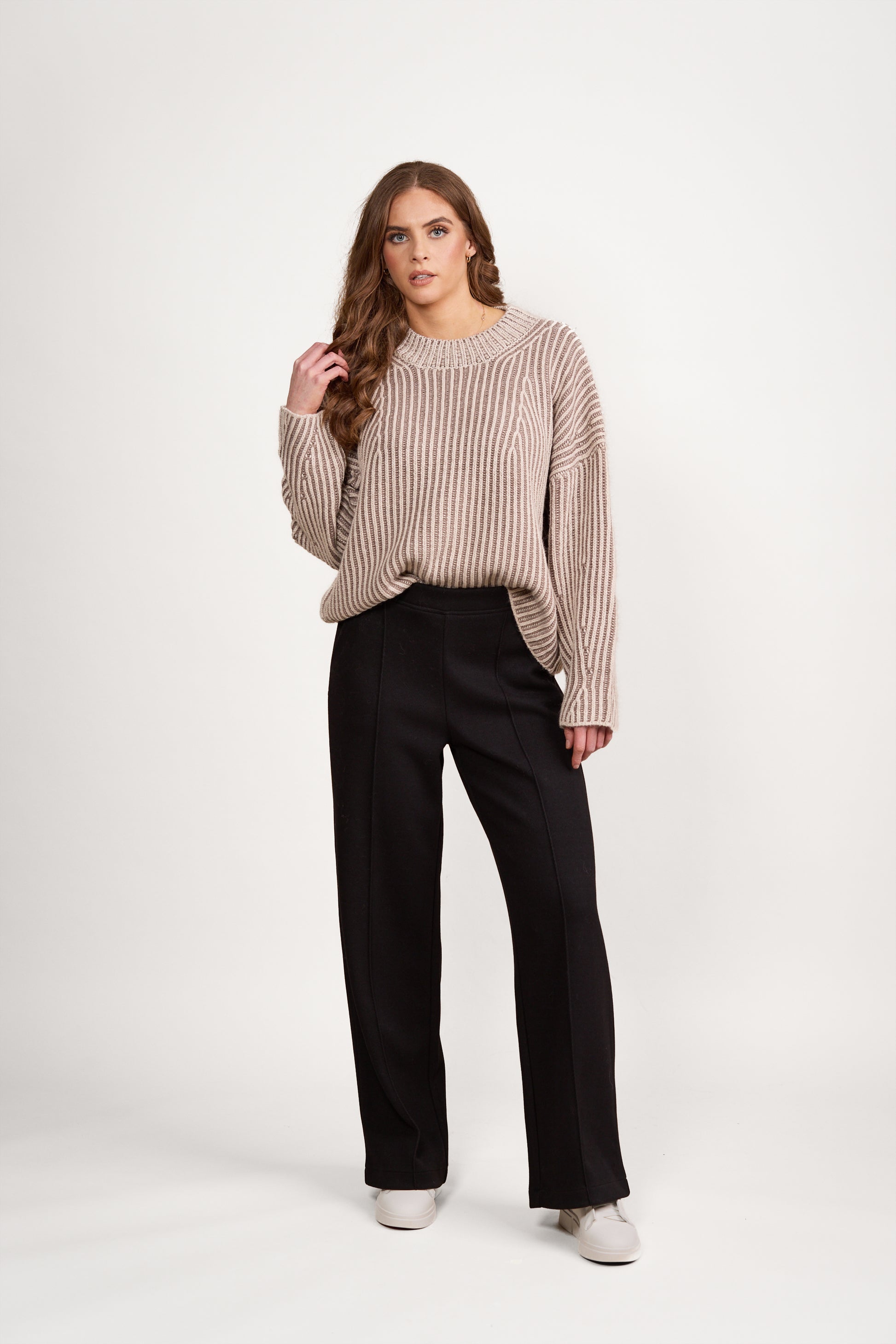 1077 Oatmeal/Brown - High Neck Two Tone Sweater with Shaped Sleeve - Vassalli