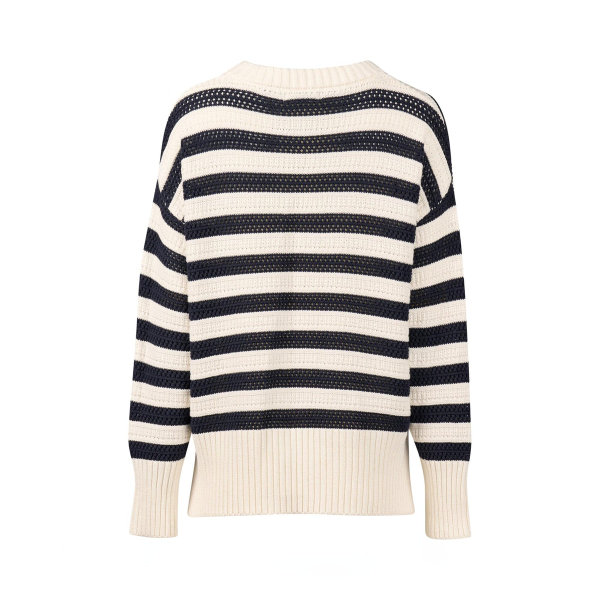 The Vassalli Relaxed Jumper in Off White/Ink features a loose fit, horizontal black stripes, ribbed hem and cuffs, and a round neckline, shown against a white background.