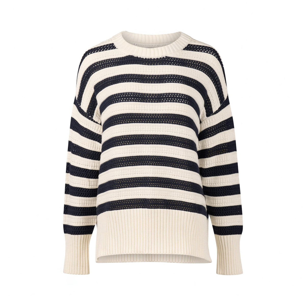 The Vassalli Relaxed Jumper in Off White/Ink features wide navy stripes, a round neck, long sleeves, and ribbed cuffs, hem, and neckline. Displayed against a plain white background.
