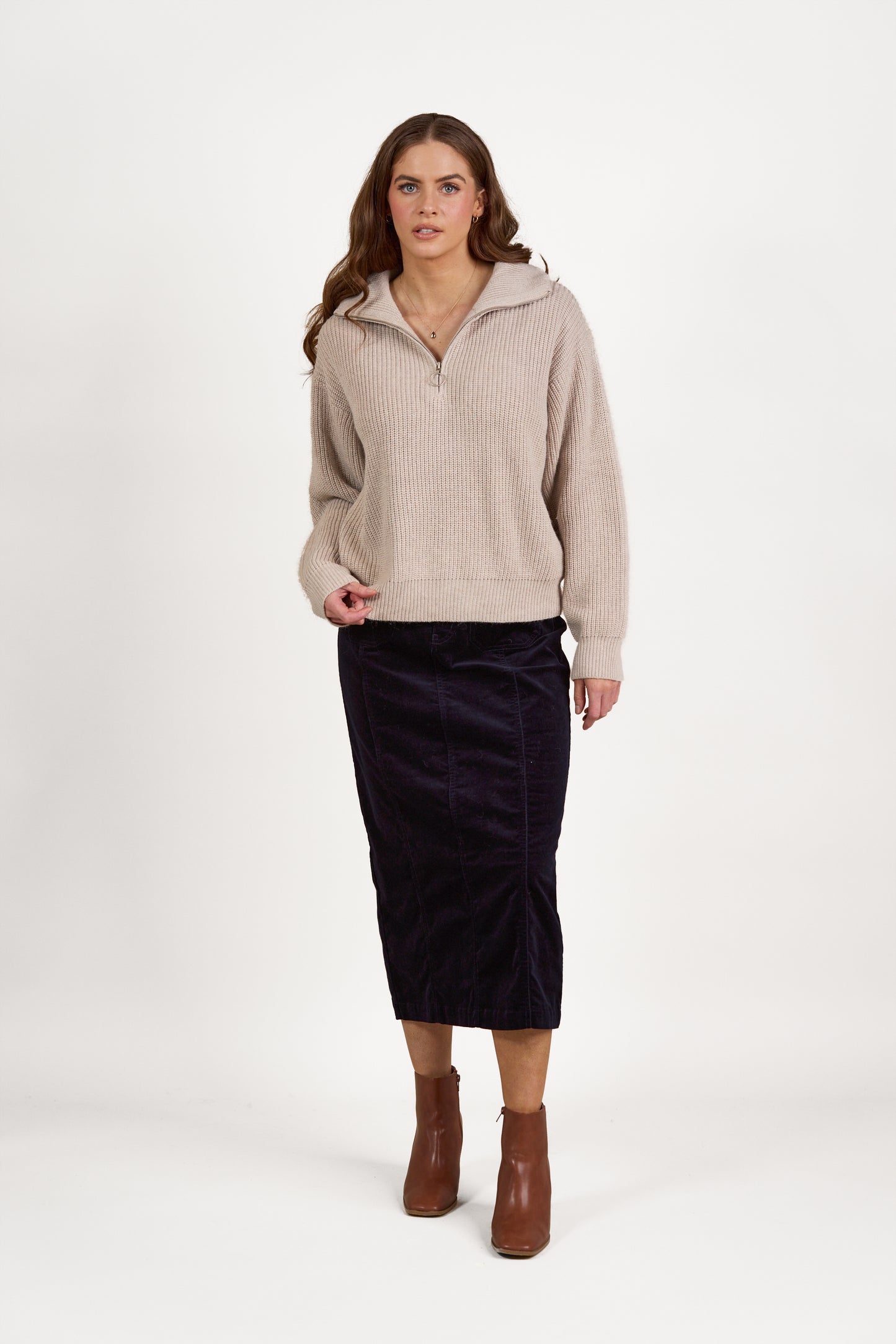 1080 Oatmeal - Relaxed Fit Half Zip Sweater with Collar - Vassalli