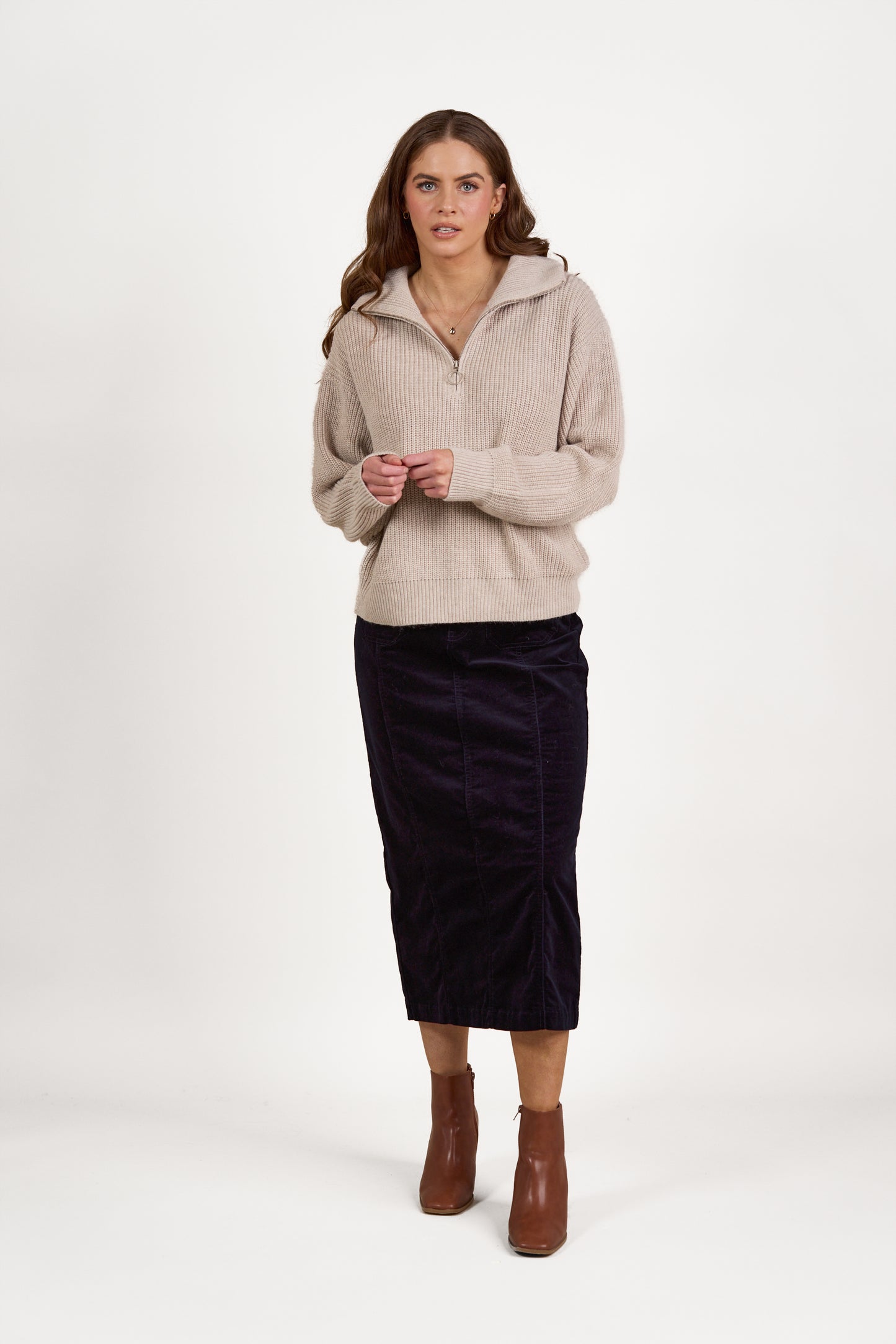 1080 Oatmeal - Relaxed Fit Half Zip Sweater with Collar - Vassalli