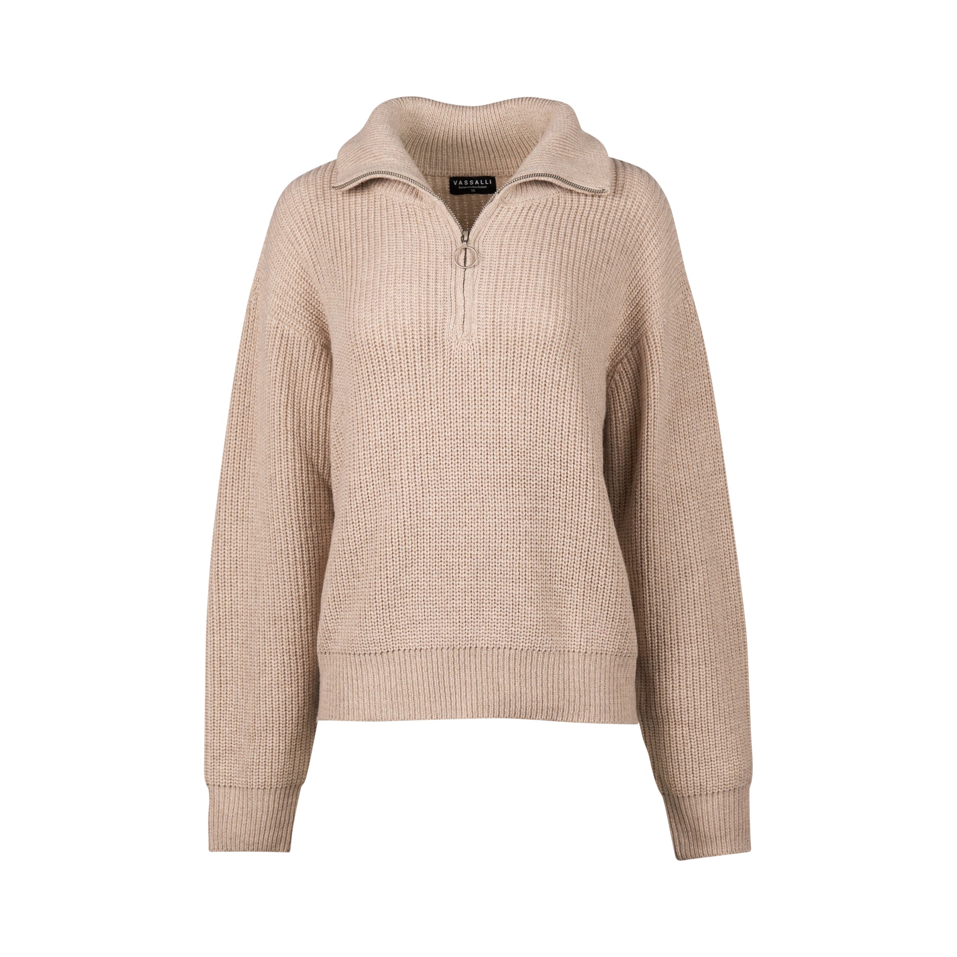 1080 Oatmeal - Relaxed Fit Half Zip Sweater with Collar - Vassalli