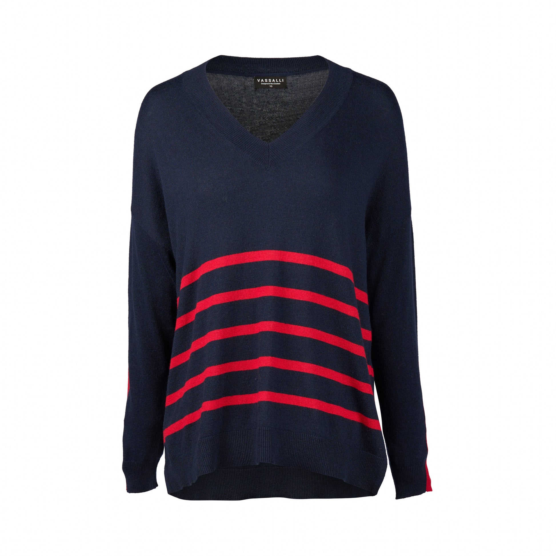 1083 Ink/Red - Relaxed V Neck Sweater - Vassalli