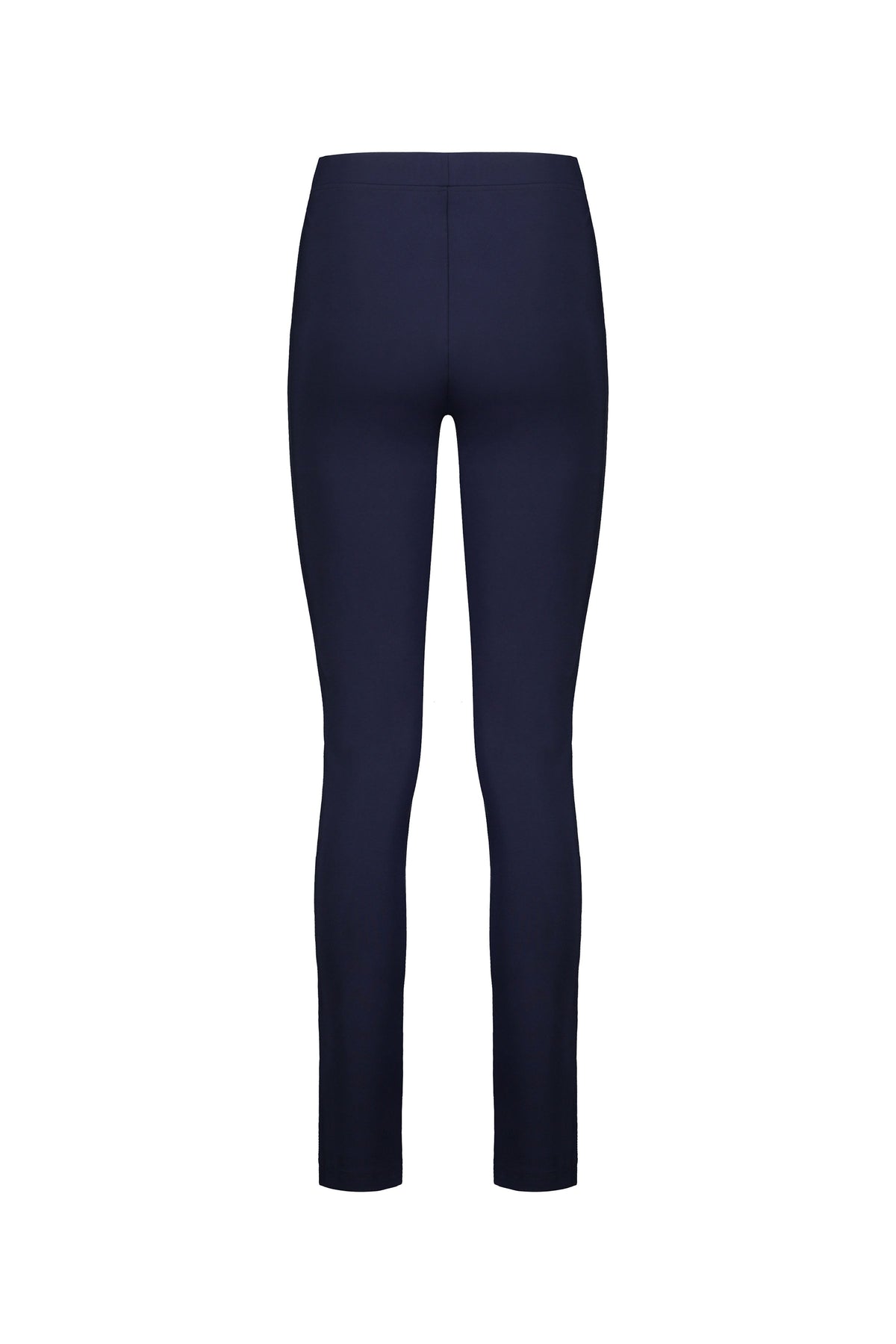 The Vassalli Toll Pant in navy features a high waist and pull-on design with a skinny leg silhouette, crafted from stretch fabric and shown from the back against a plain white background.