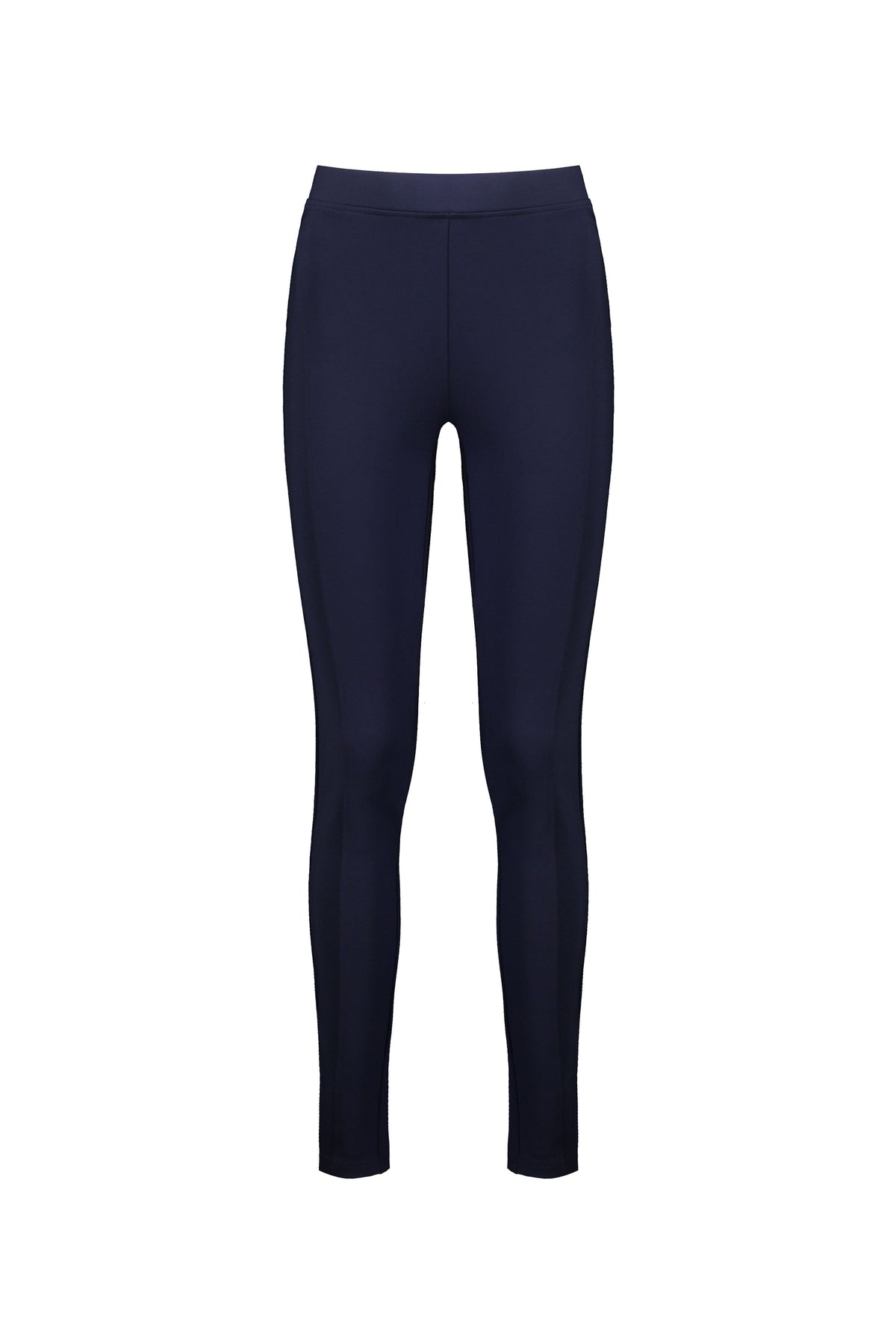 The Vassalli Toll Pant - Navy is a full-length, high-waisted legging in stretch fabric with a slim fit and pull-on style, free of visible logos or patterns. Shown on a plain white background.