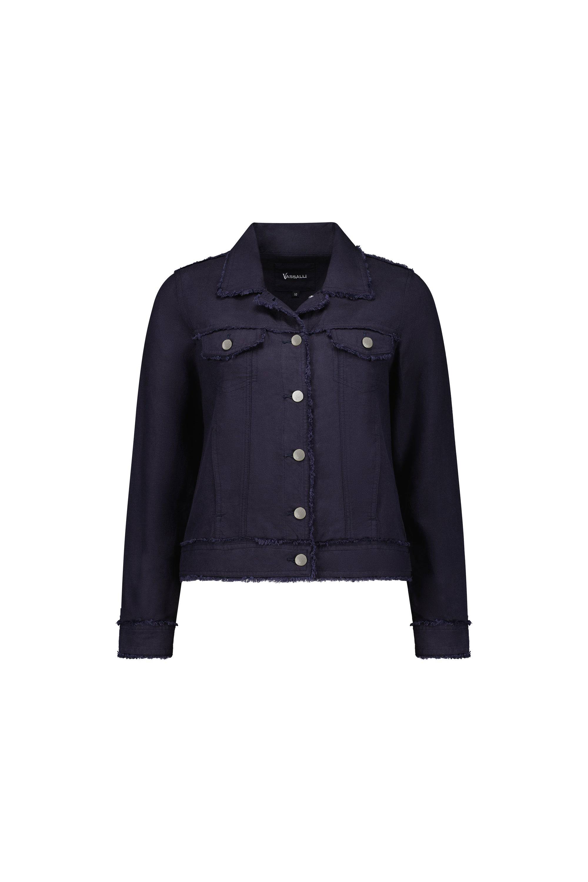 2026A Navy - Linen Jacket with Frayed Seams - Vassalli