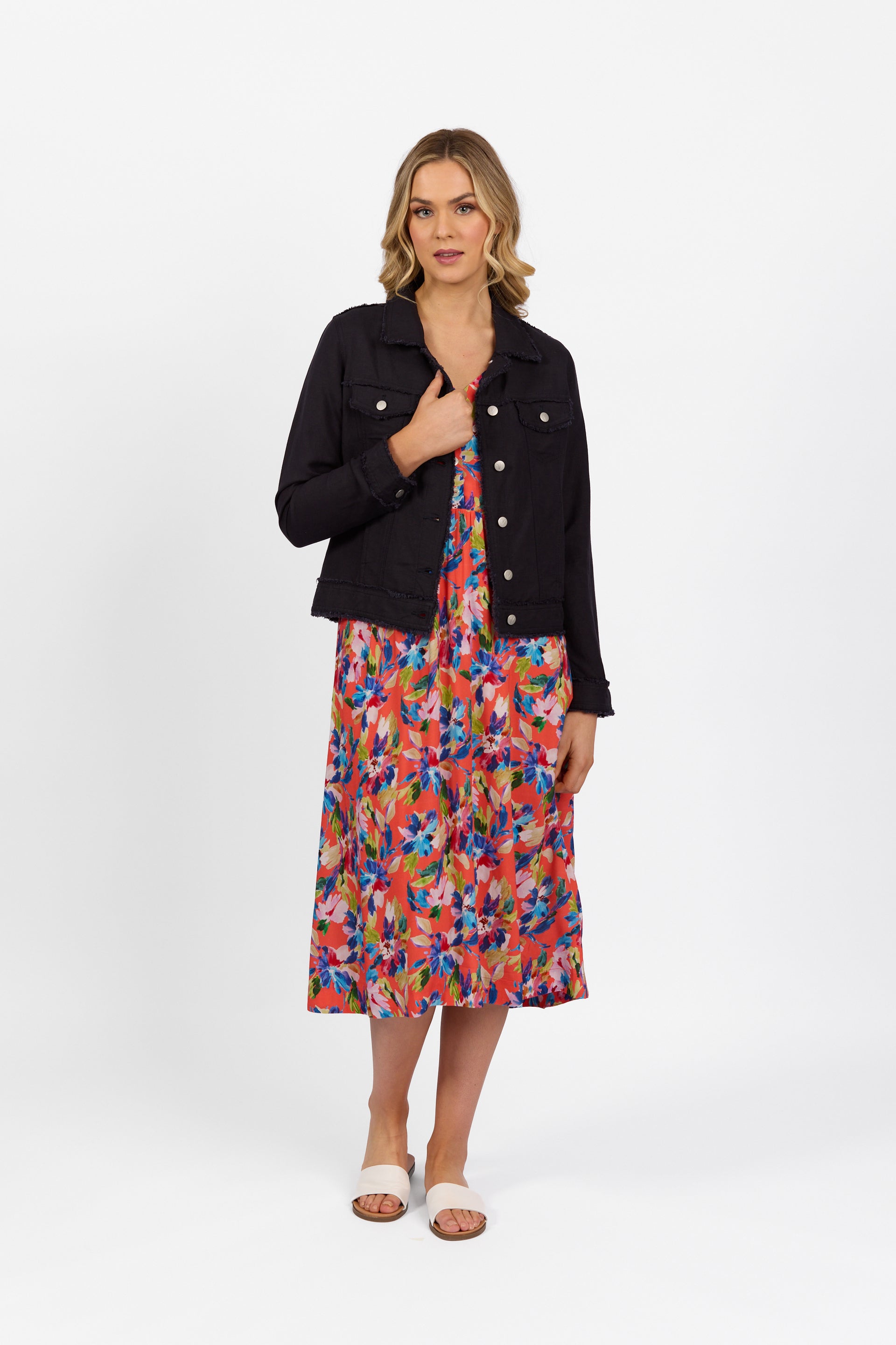 2026A Navy - Linen Jacket with Frayed Seams - Vassalli