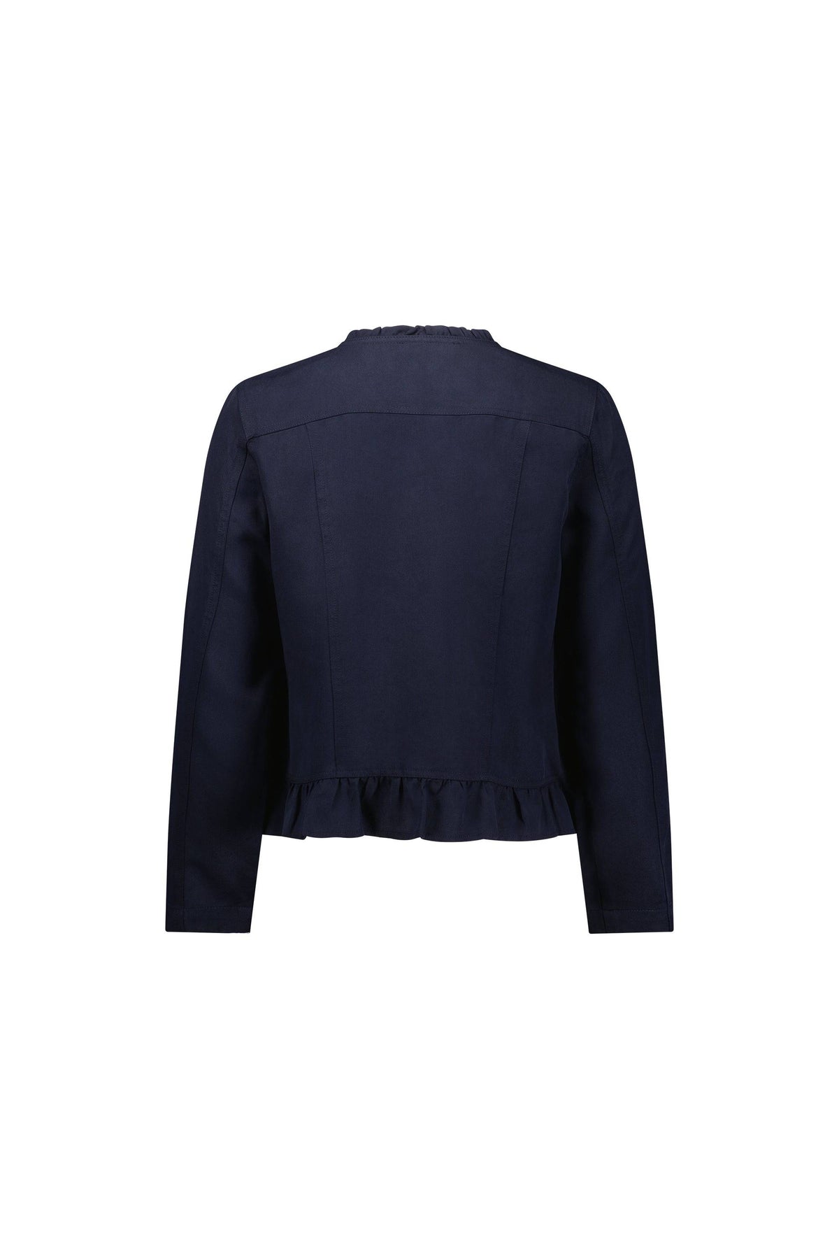 The Sawyer Jacket - Ink by Vassalli is a navy blue, collarless button-up jacket shown from the back, designed with a fitted silhouette and a chic frill hem at the bottom.