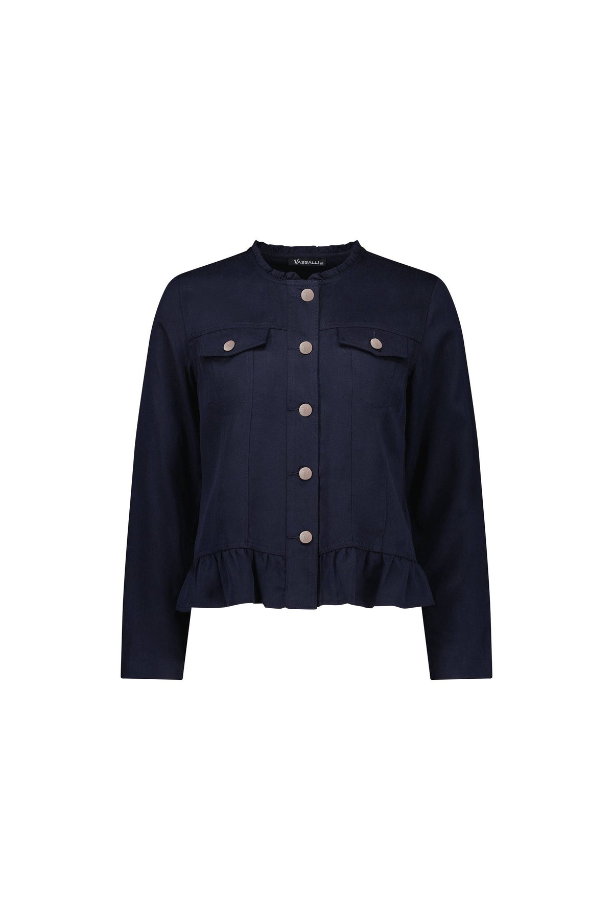 The Vassalli Sawyer Jacket - Ink is a navy blue Tencel jacket featuring long sleeves, a collarless button-up front with silver buttons, two chest pockets, and a frill hem.