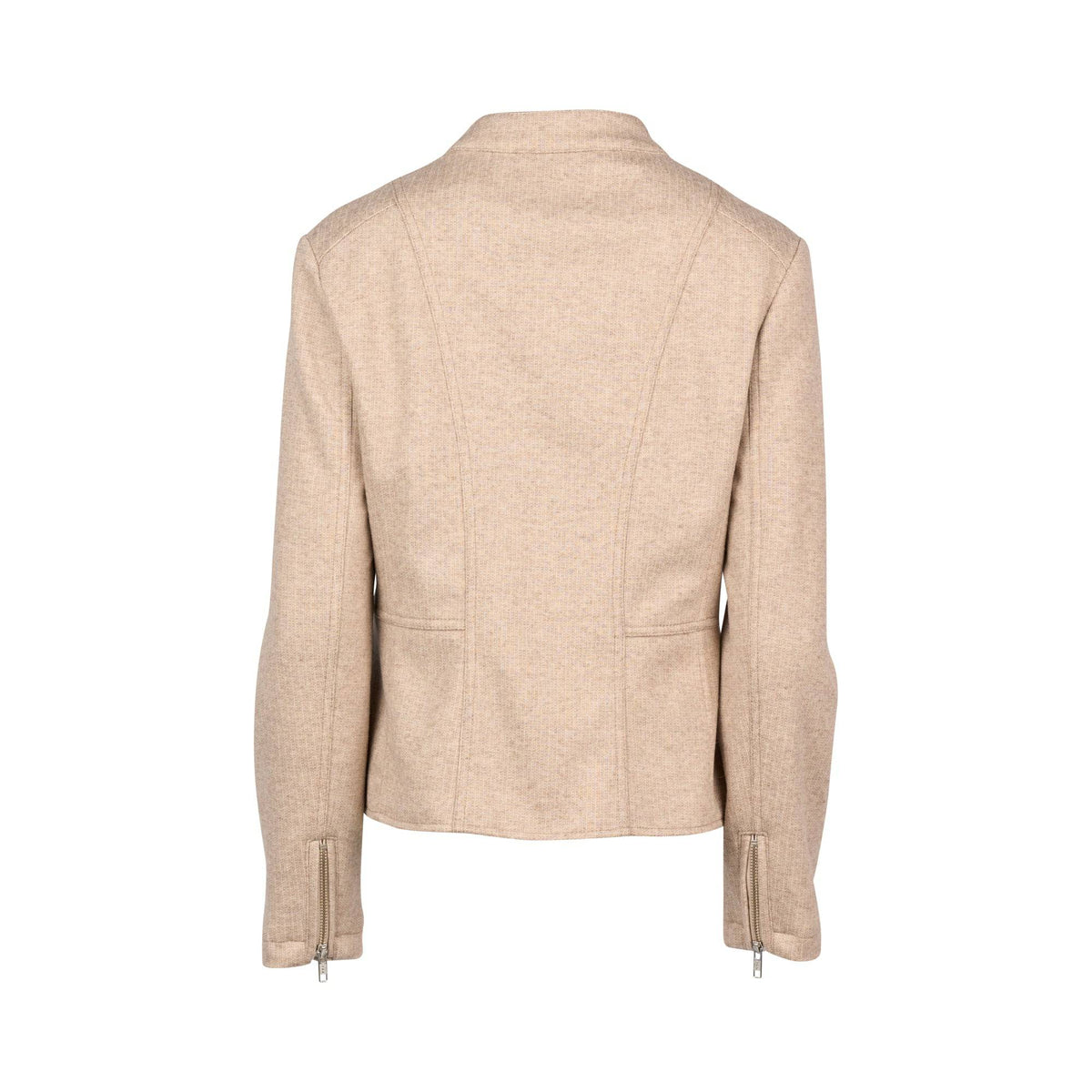 The Vassalli Zip Up Jacket – Dune is pictured from the back, showcasing its long sleeves with zippered cuffs and a clean, tailored silhouette free from visible embellishments.