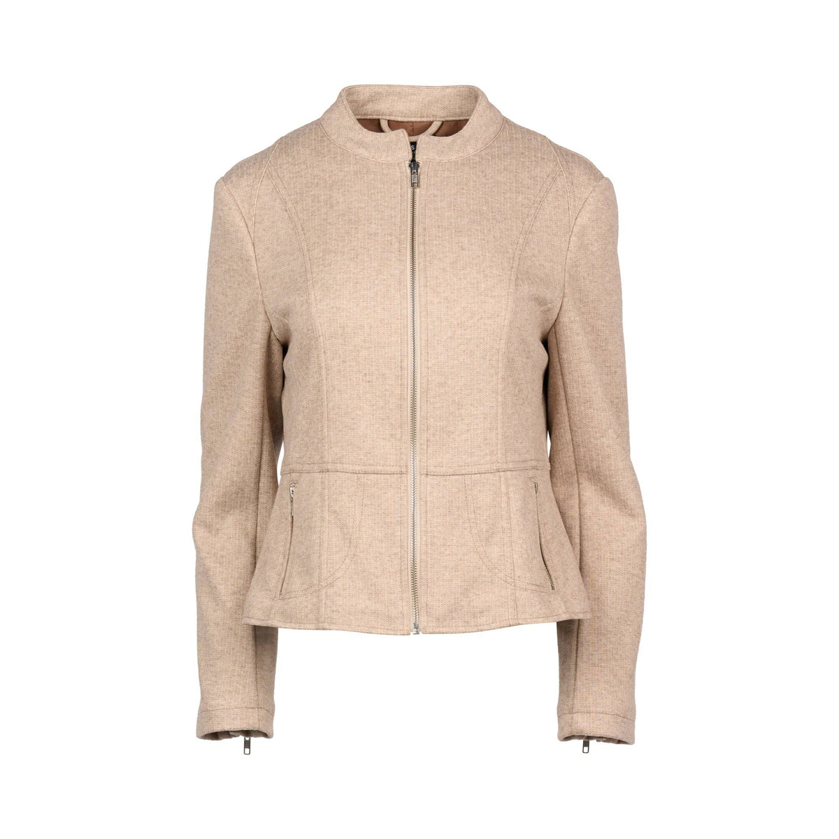 Vassalli Zip Up Jacket - Dune: A beige women’s wool jacket featuring long sleeves, a round collar, and two front zip pockets, displayed on a plain white background.