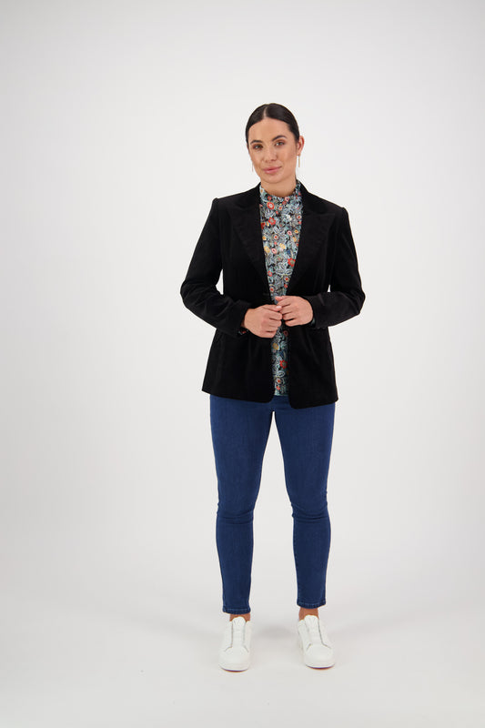 2063M Black - Shaped Lined Cord Blazer with Back Vent and Button Cuff Detail - Vassalli