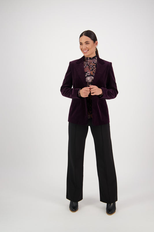 2063M Mulberry - Shaped Lined Cord Blazer with Back Vent and Button Cuff Detail - Vassalli