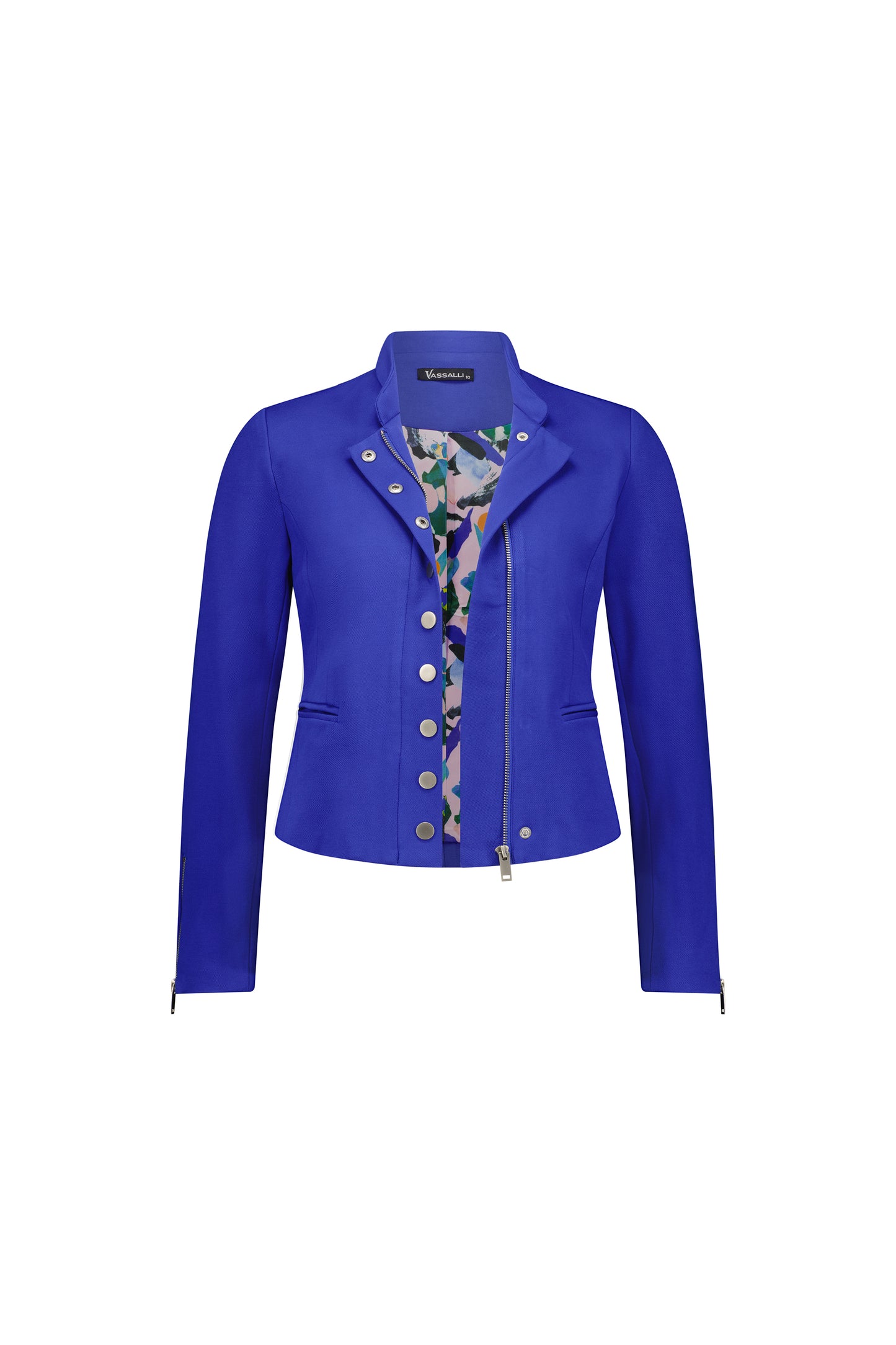 2067 Royal Blue - Zip Up Military Style Lined Jacket with Button Detail - Vassalli