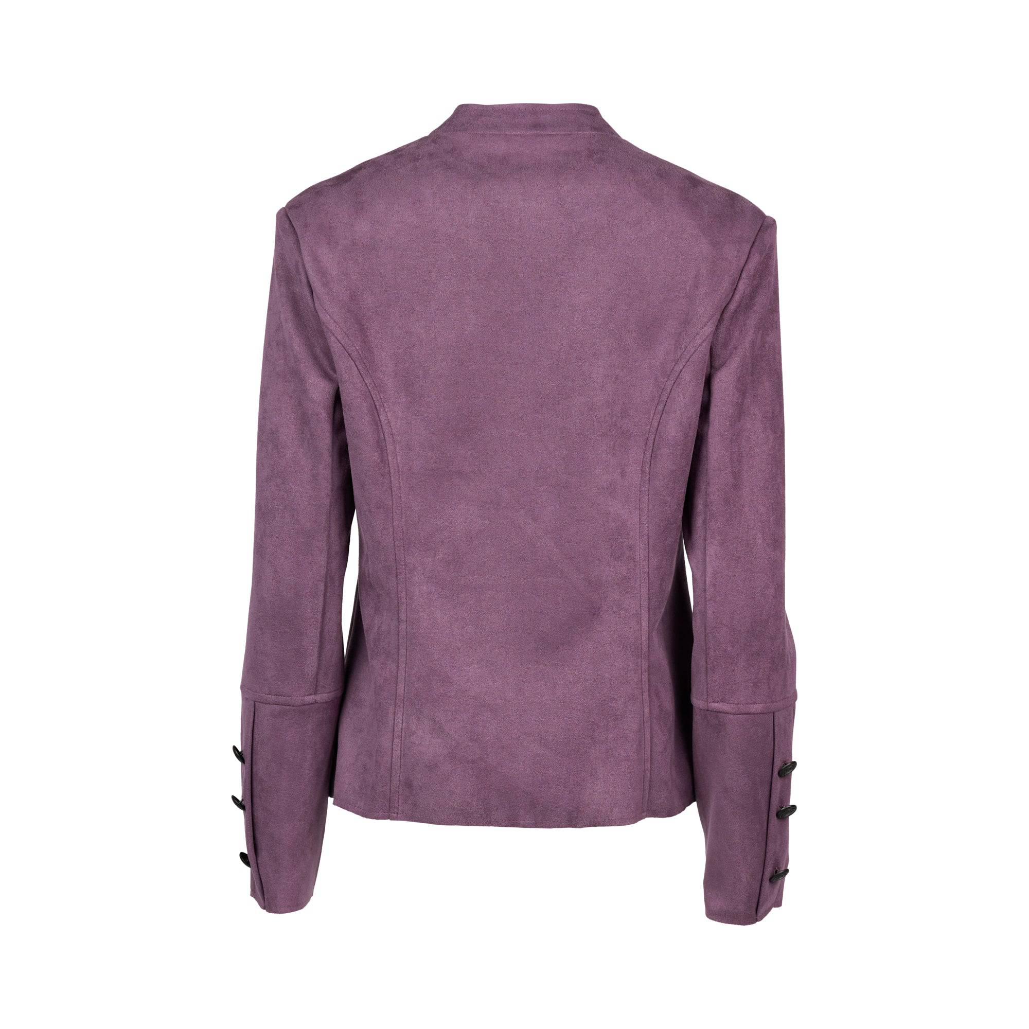 A stylish grape-colored “Military Jacket” by Vassalli displayed from the back, featuring a tailored silhouette, long sleeves, and black cuff buttons for a subtle military-inspired touch.