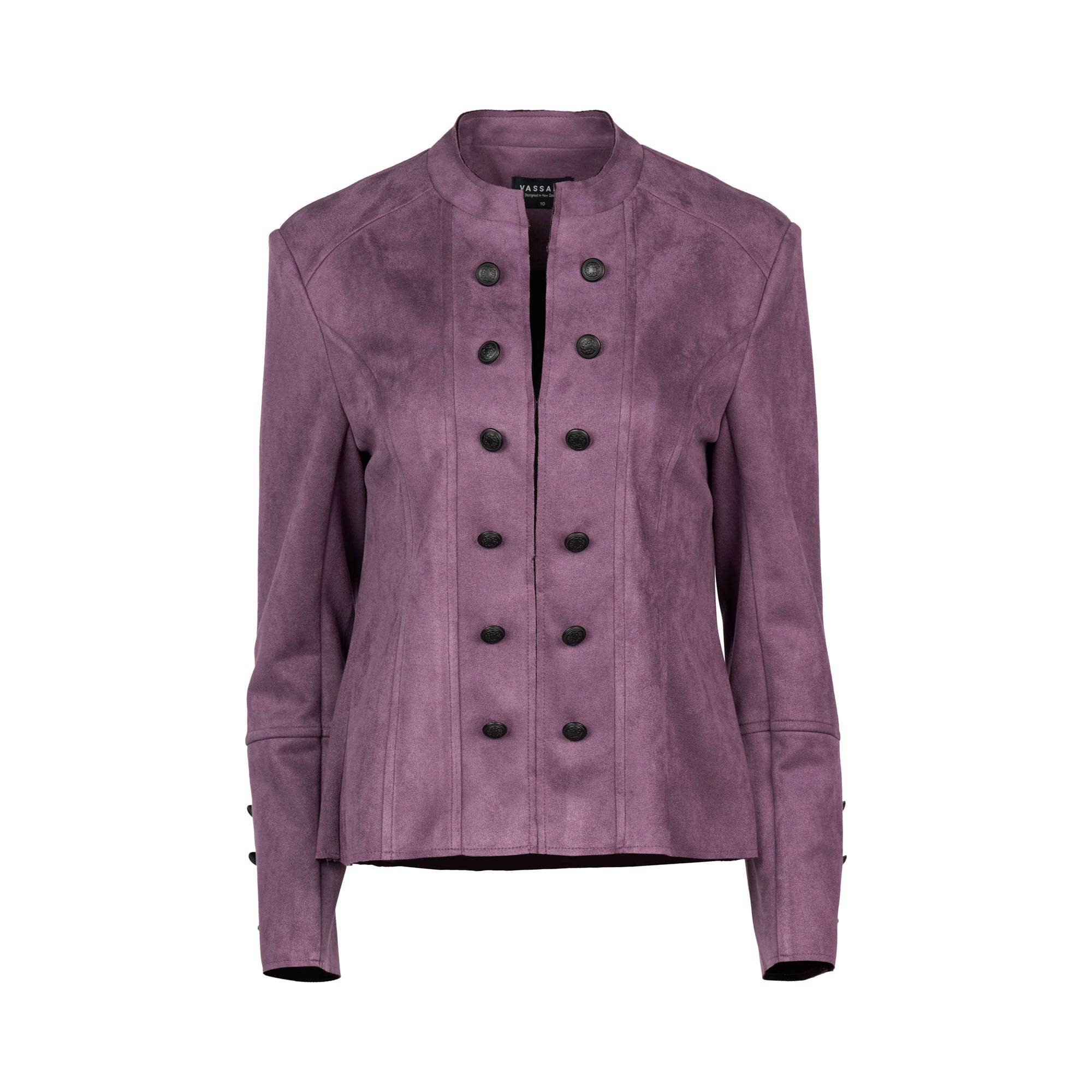 The Vassalli Military Jacket - Grape is a purple faux suede women’s jacket featuring a stand collar and double-breasted button detailing on the front and sleeves, shown against a white background.