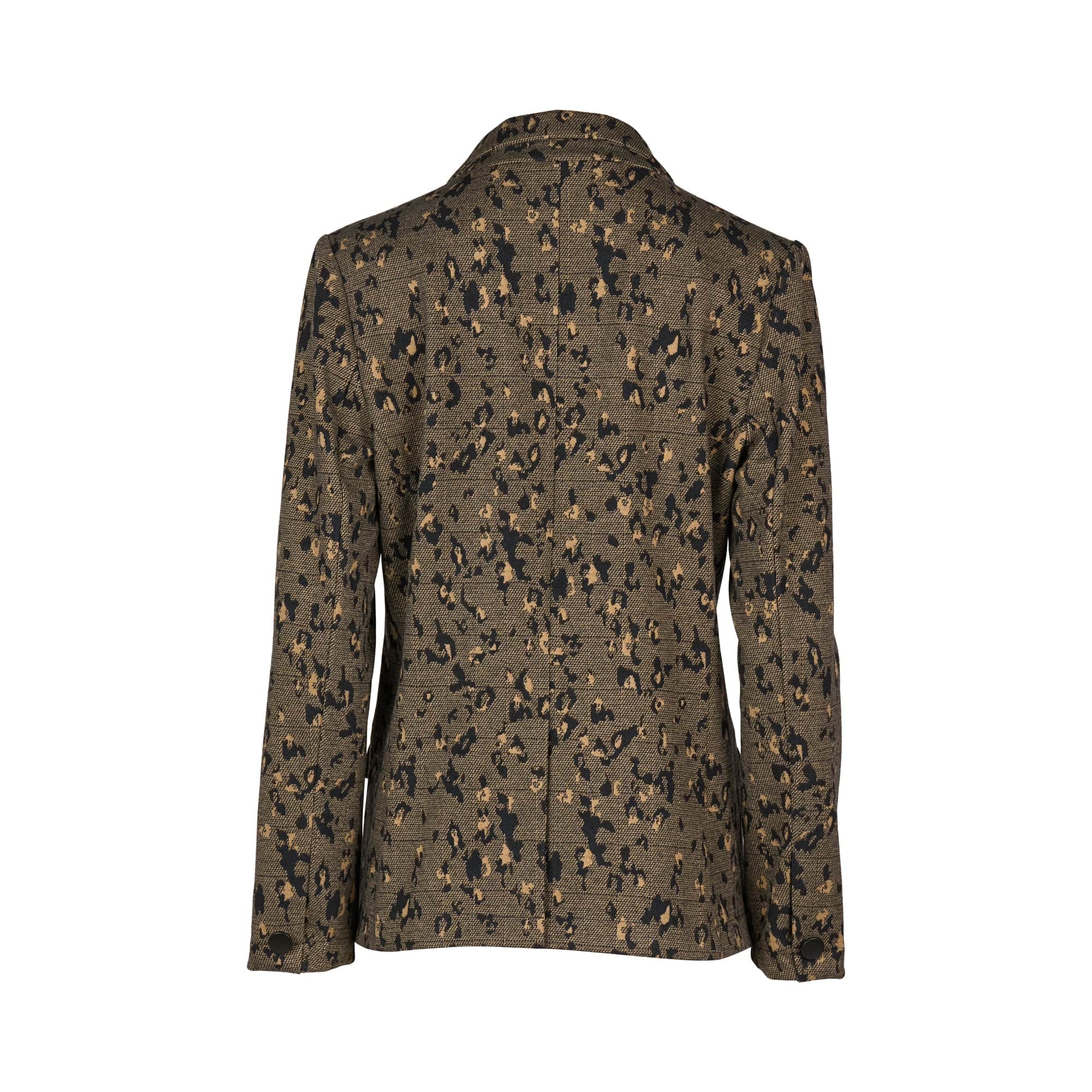 Back view of the Vassalli Knit Blazer - Globe in brown, showcasing an all-over abstract black and tan animal print. This shaped women’s blazer features long sleeves and a collar, displayed against a white background.