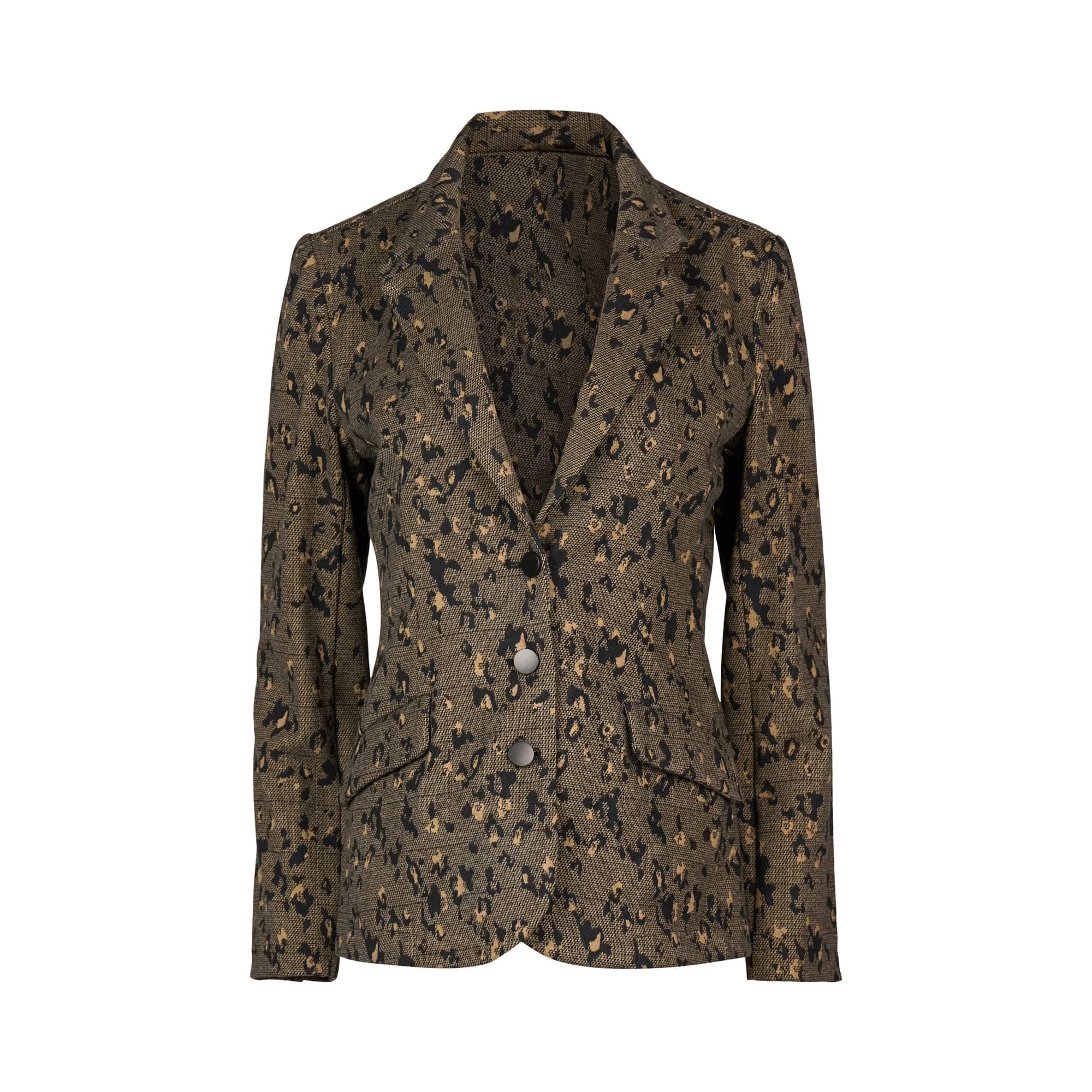 A Vassalli Knit Blazer - Globe in a brown and black animal print, featuring a notched lapel, two front flap pockets, and three buttons down the front, is displayed on a white background.
