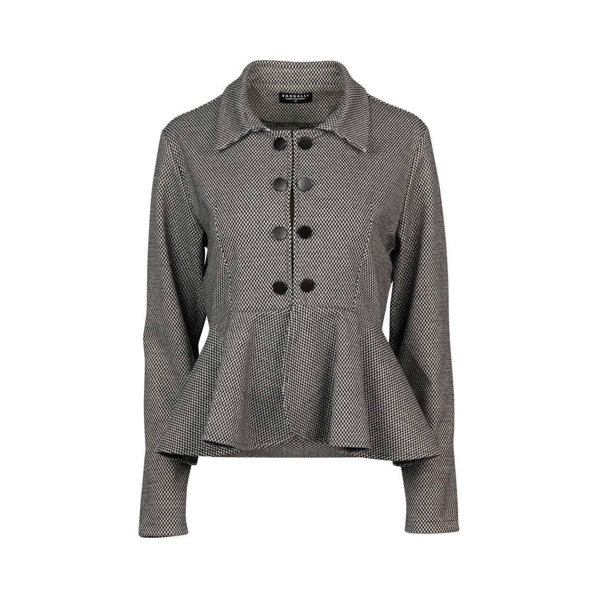 The Vassalli Knit Jacket - Xander is a gray, tailored-fit peplum jacket with long sleeves, a collared neckline, and six black buttons down the front, shown against a white background.