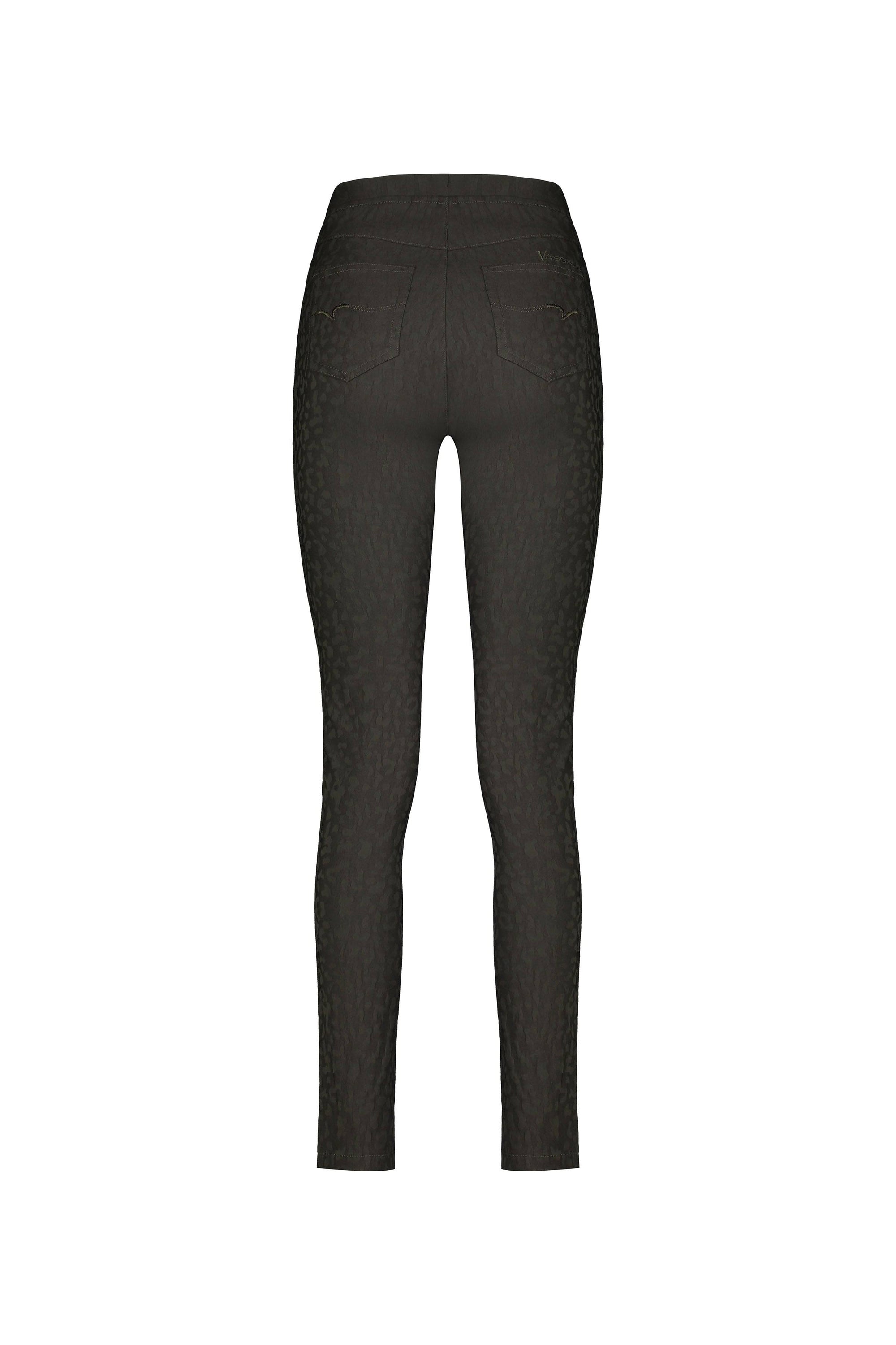 Vassalli Origin Pull On skinny leg pants in olive, shown from the back with two rear pockets and a high waist, featuring an embossed pull-on style, displayed on a white background.