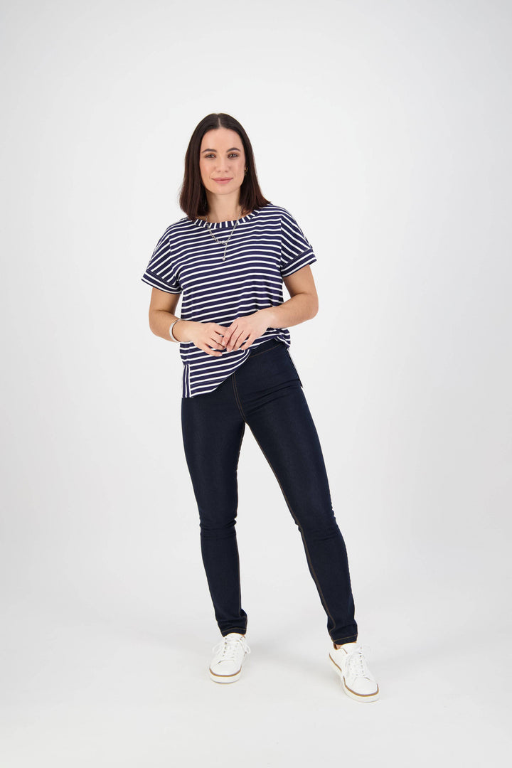 230CS Indigo Denim - Skinny Leg Full Length Contrast Stitch Denim Pull-On - Vassalli