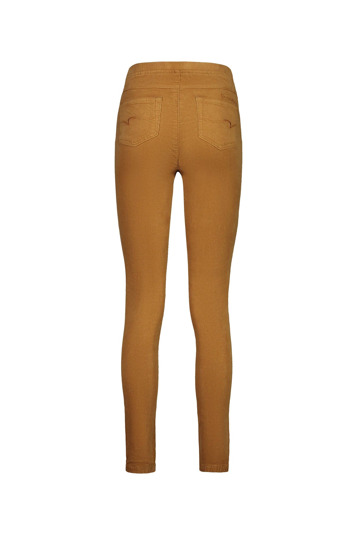 Back view of the Vassalli Origin Cord Pull On - Copper, featuring a high rise, skinny leg, and two back pockets, displayed on a white background.