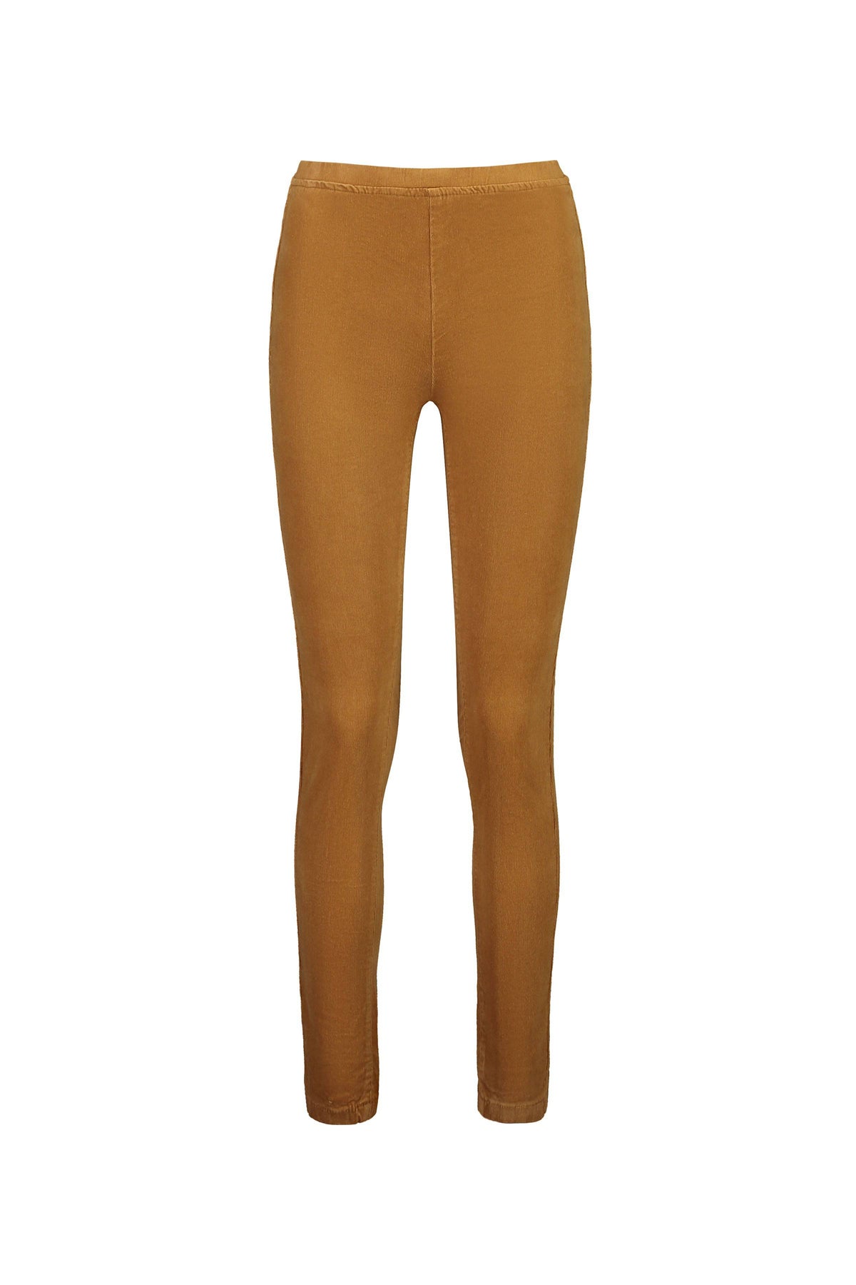 Vassalli Origin Cord Pull On - Copper are full-length, fitted leggings crafted from stretch fabric with a high-rise elastic waistband, shown on a plain white background.
