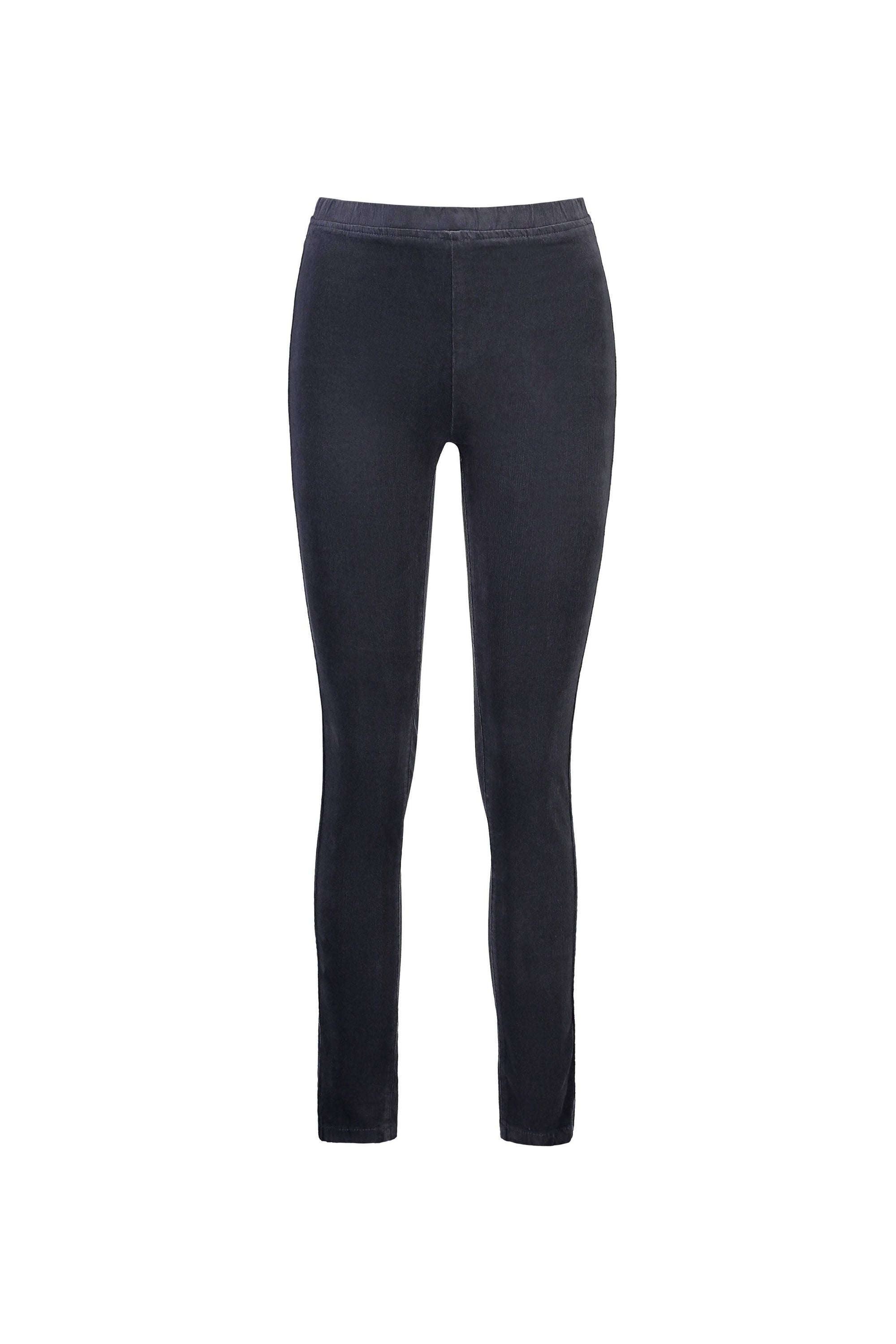 The Vassalli Origin Cord Pull On pants in Graphite feature a slim leg, full-length design crafted from stretch fabric, displayed against a white background.