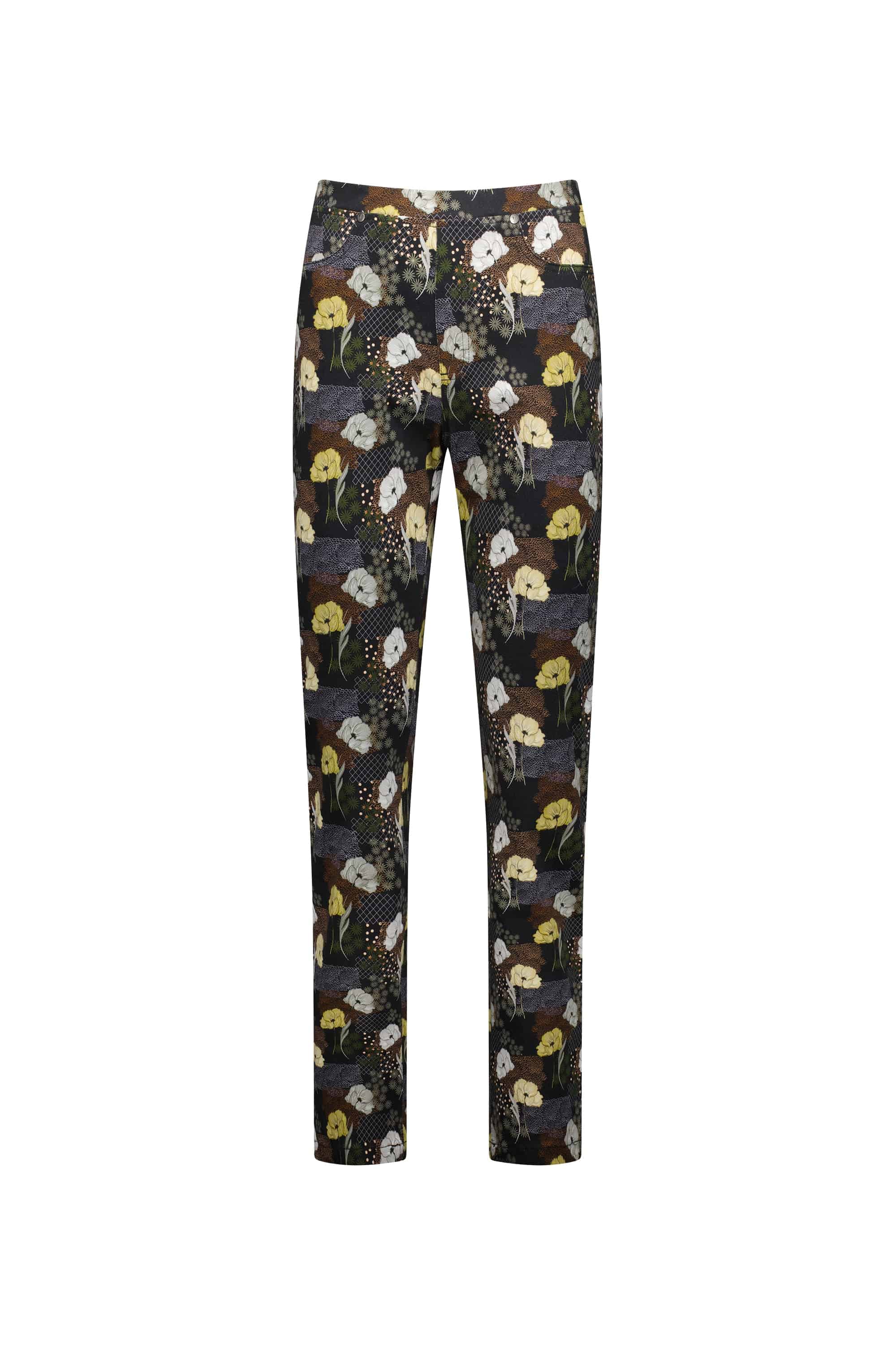 The Vassalli Bay Pull On - Karma pants feature a straight-leg silhouette and a multicolored floral and cloud pattern in yellow, green, brown, and white on a dark background. Made from stretch fabric and shown on a plain white surface.
