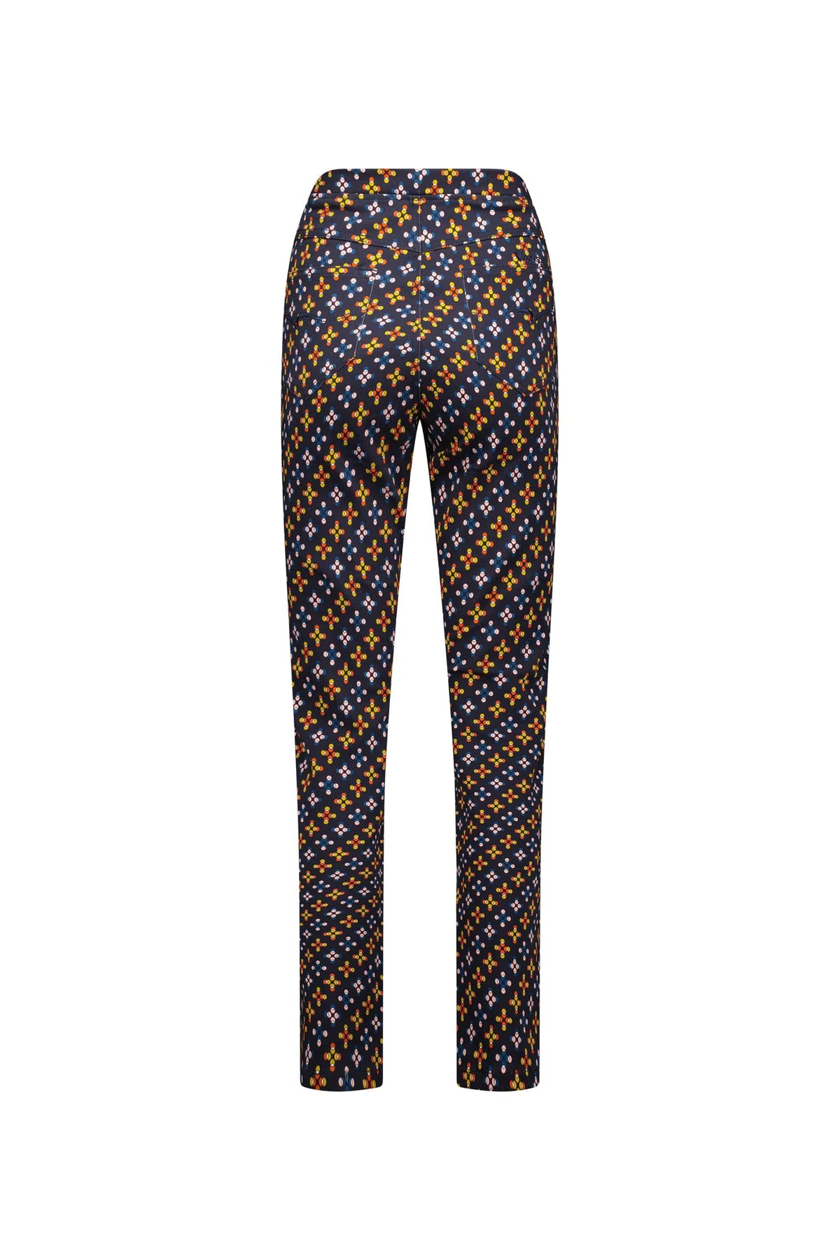 Back view of Vassalli Bay Pull On - Stellar Slim Leg Pants with a dark background and an all-over geometric yellow, white, and orange dot pattern in diagonal lines. Made from stretch fabric for comfort and style.