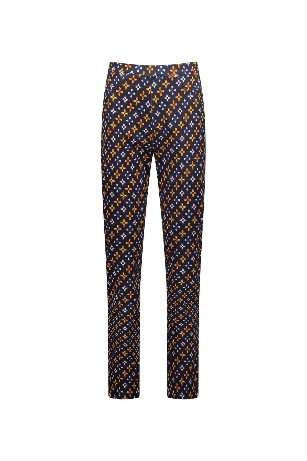 Vassalli Bay Pull On - Stellar pants in navy blue feature a diagonal pattern of small orange and white plus signs, made from stretch fabric for comfort and style.