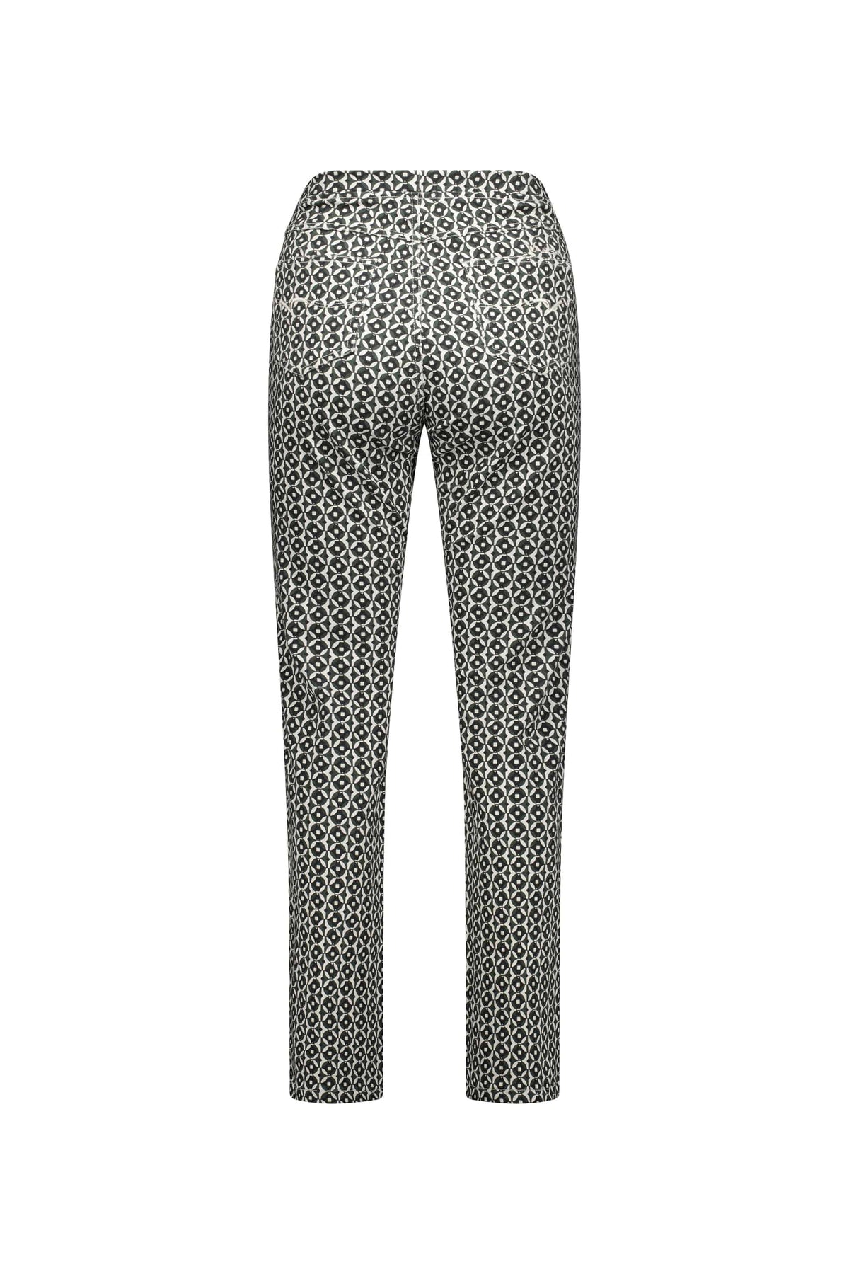 Back view of Vassalli Bay Pull On - Vault: high-waisted, slim-leg pull-on pants with a black and white geometric circular pattern on plain white.