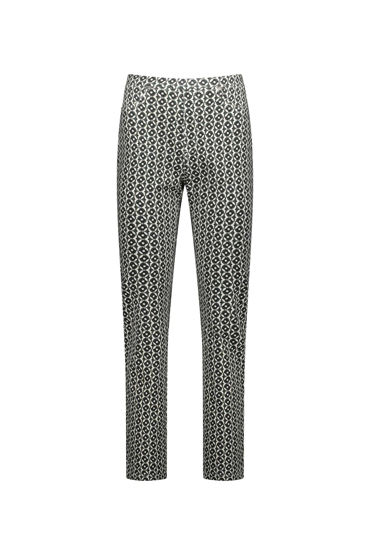 Vassalli Bay Pull On - Vault pants feature a straight-leg, high-waist design with a black and white geometric circular pattern. Made from stretch fabric for comfort and shown against a plain white background.