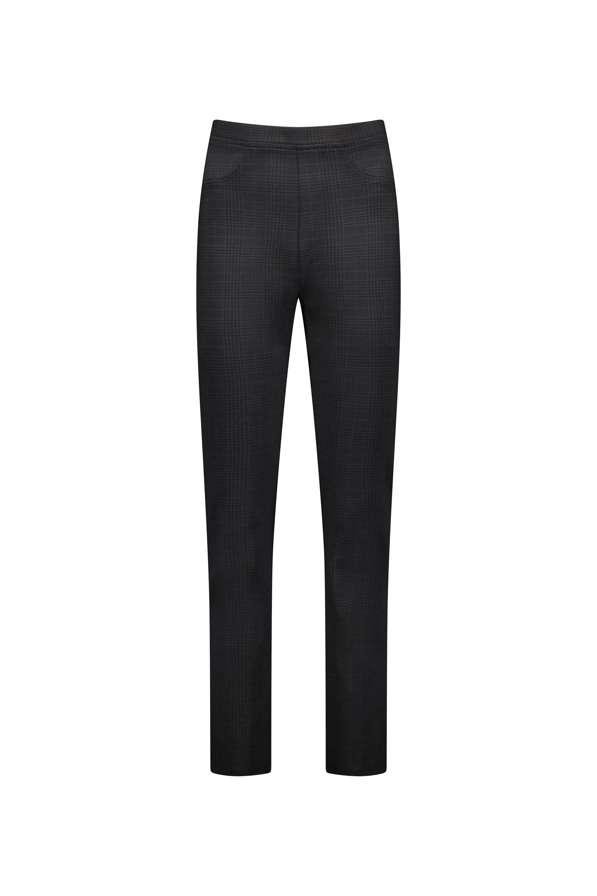 Front-facing Bay Ponti Pull On - Albert pants by Vassalli in black with a subtle checkered pattern, shown against a plain white background.