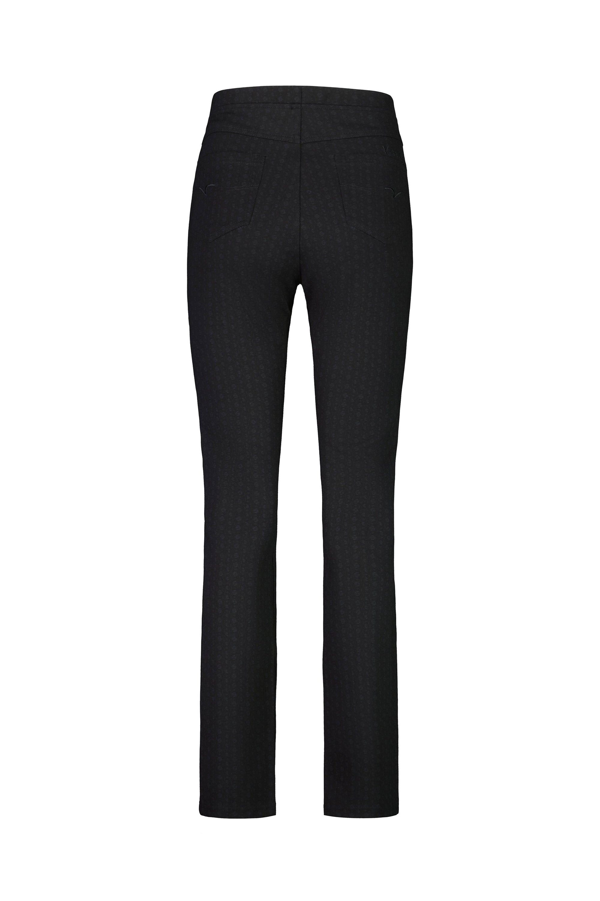Back view of the Vassalli Bay Ponti Pull On - Colombia in black, featuring a subtle textured pattern, back pockets, a fitted waistband, and a high-rise slim leg design. Displayed on a white background.